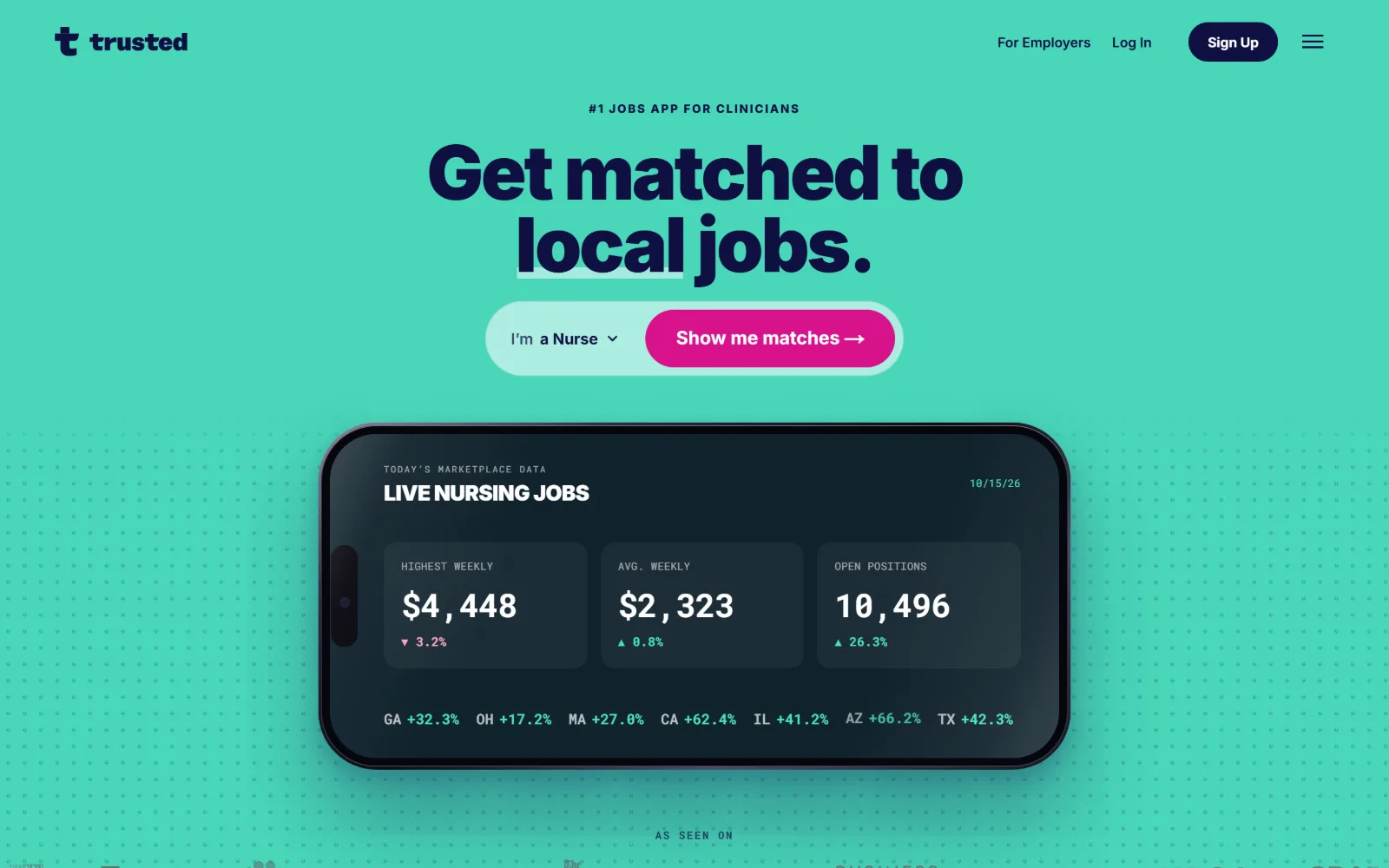 trustedhealth.com, staffing agency website design: mint green field with a dotted texture, a navy 78px headline in two lines