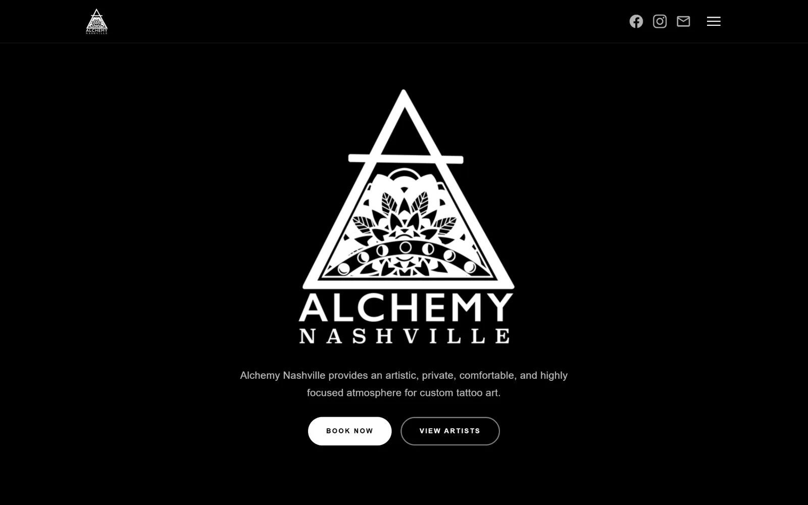 alchemynashville.com, tattoo website design: white triangular mandala logo centred on pure black, a single line of description under it