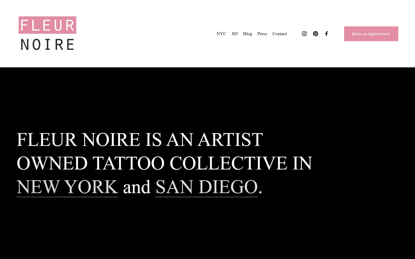 fleurnoiretattoo.com, tattoo website design: pink block logo over white