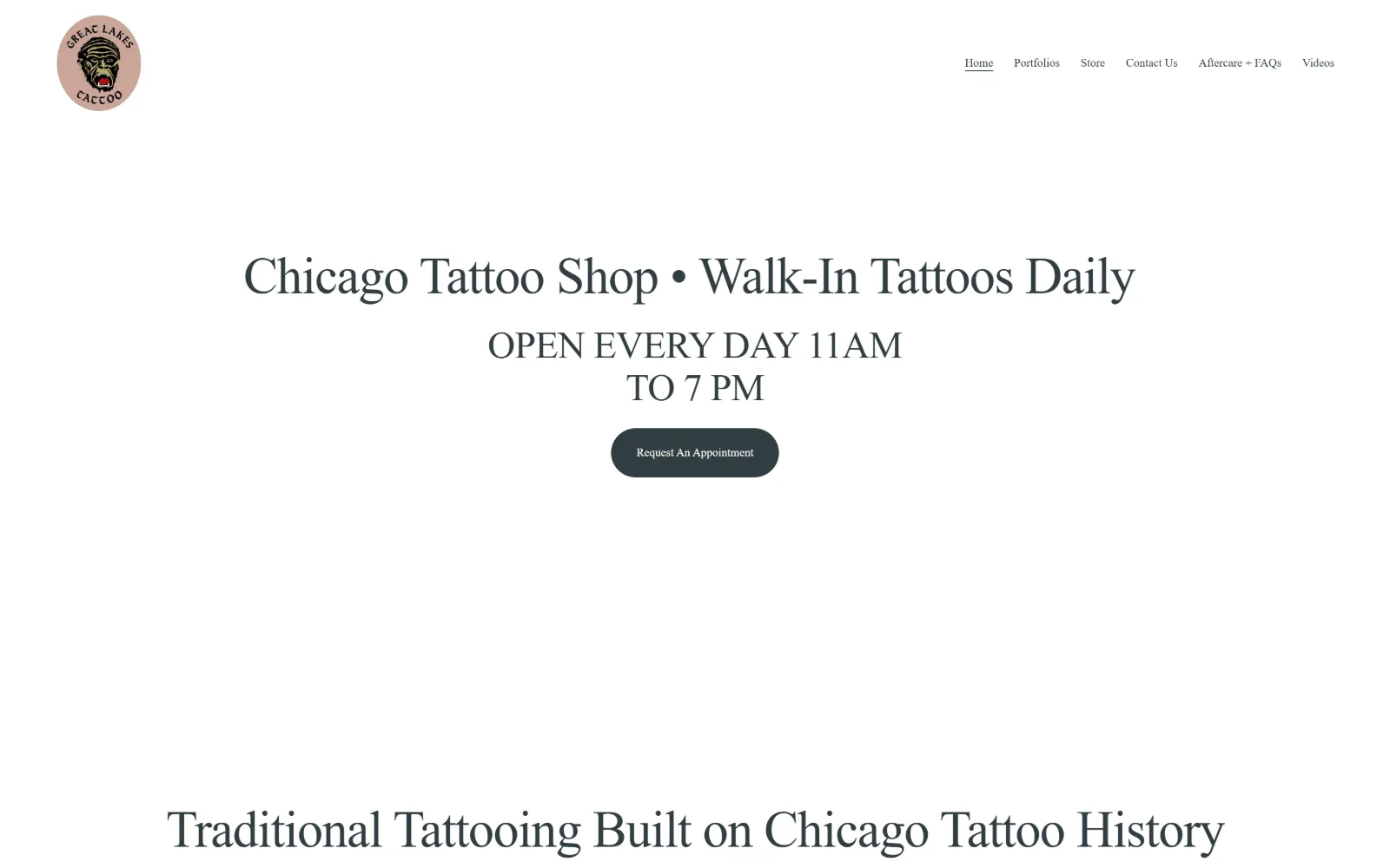 greatlakestattoo.com, tattoo website design: centred serif line about walk-in tattoos on plain white, opening hours stacked beneath it