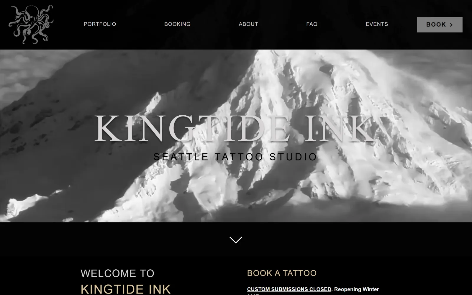 kingtideink.com, tattoo website design: black and white photograph of a snow-covered mountain ridge behind KINGTIDE INK in large light