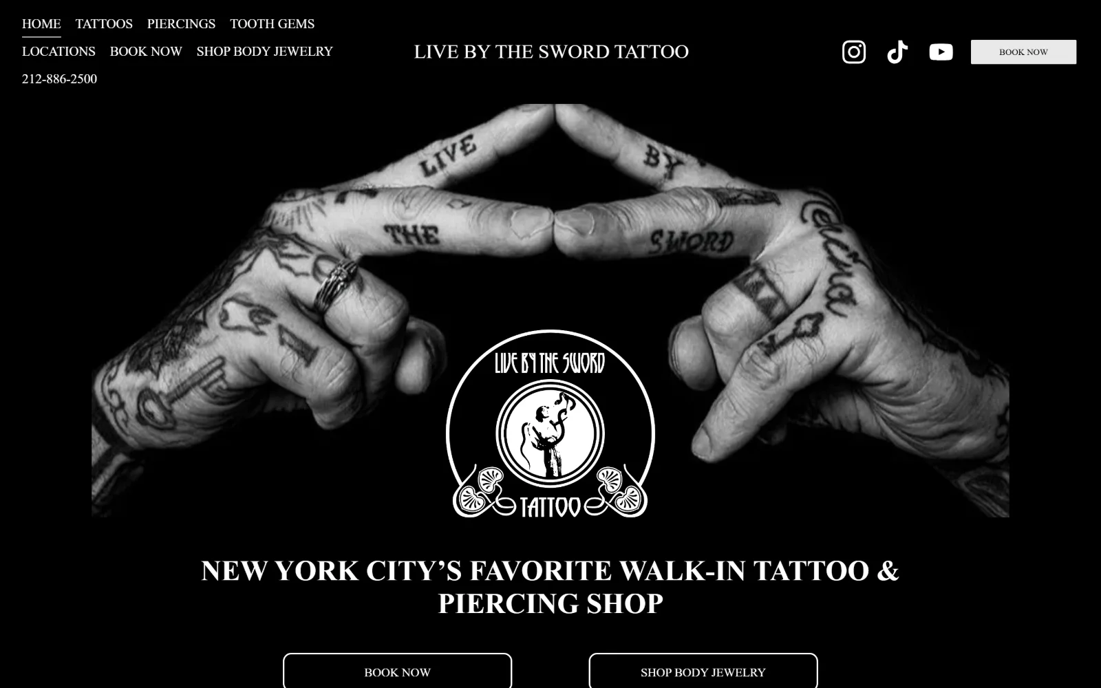 livebytheswordtattoo.com, tattoo website design: two heavily tattooed hands meet fingertip to fingertip in black and white