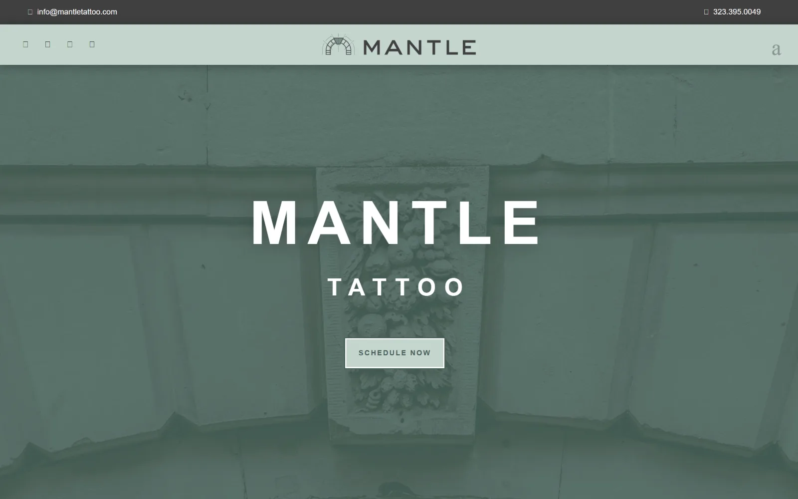 mantletattoo.com, tattoo website design: sage green duotone over a photograph of a carved stone keystone