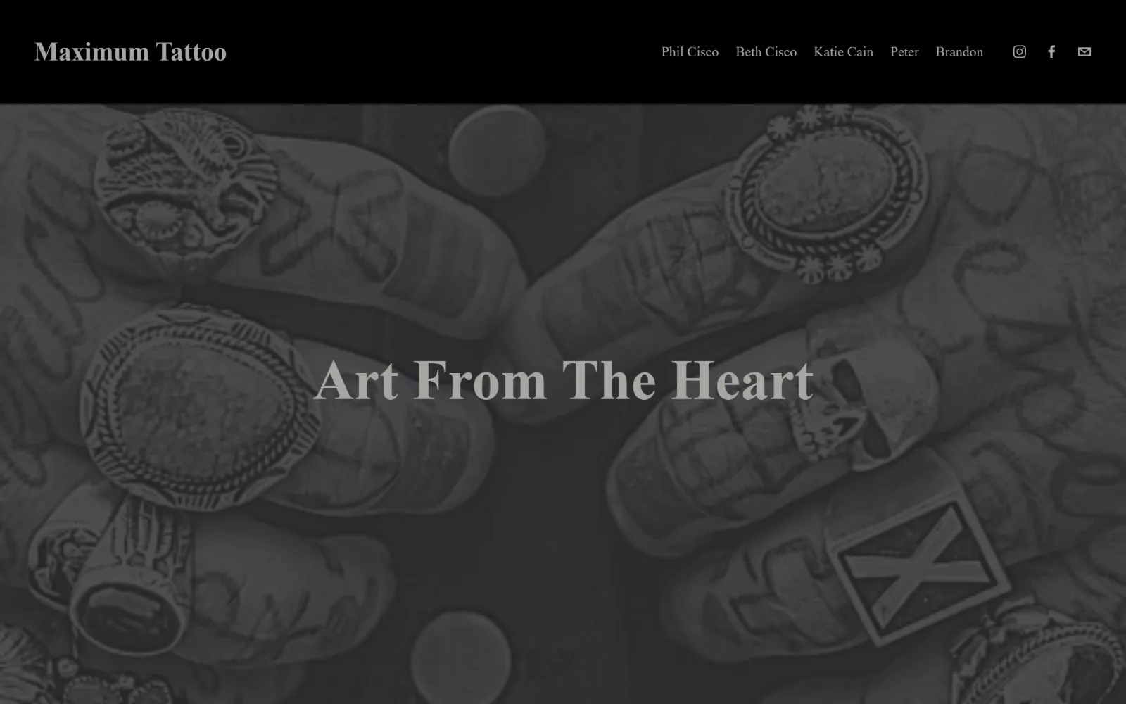 maximumtattoostudio.com, tattoo website design: heavily darkened photograph of tattooed hands and heavy silver rings laid in a circle