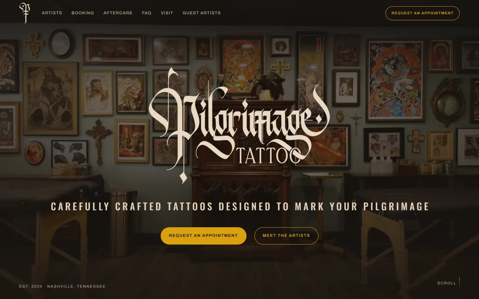 pilgrimagetattoo.com, tattoo website design: dimmed photograph of a wall packed with framed flash and a carved cabinet