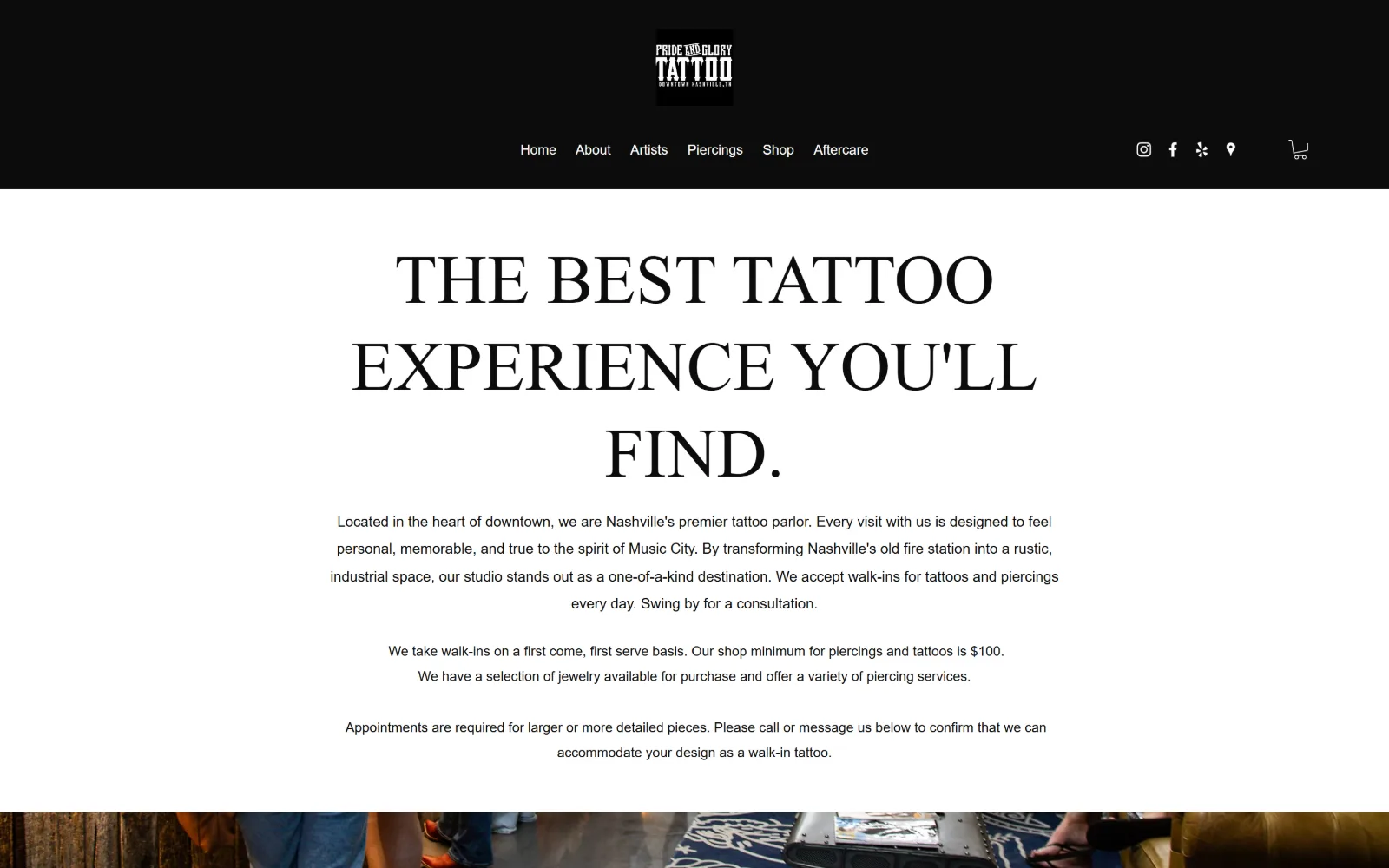 prideandglorytattoo.com, tattoo website design: black header band with a boxed logo above the nav