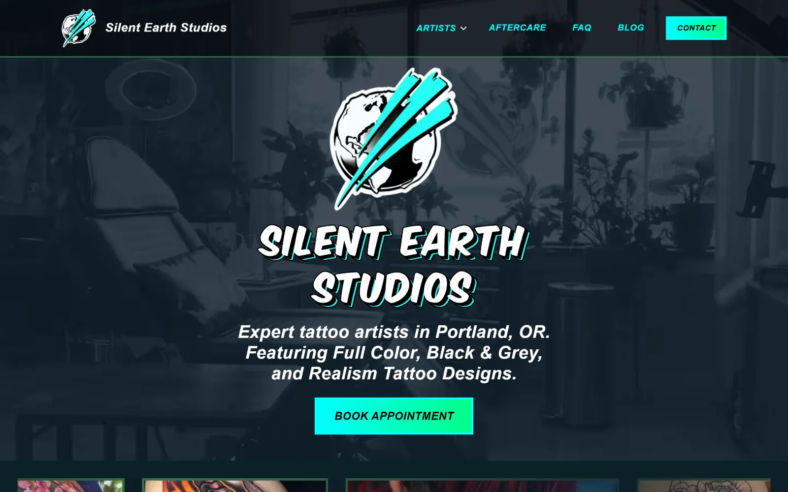 silentearthstudios.com, tattoo website design: teal-tinted studio photograph behind a globe-and-claw logo, a comic-style outlined wordmark