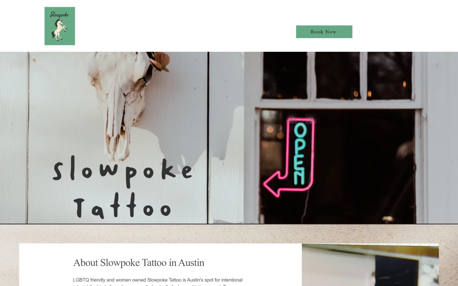 slowpoketattoos.com, tattoo website design: two photographs side by side: hand-painted shop lettering under a mounted cow skull