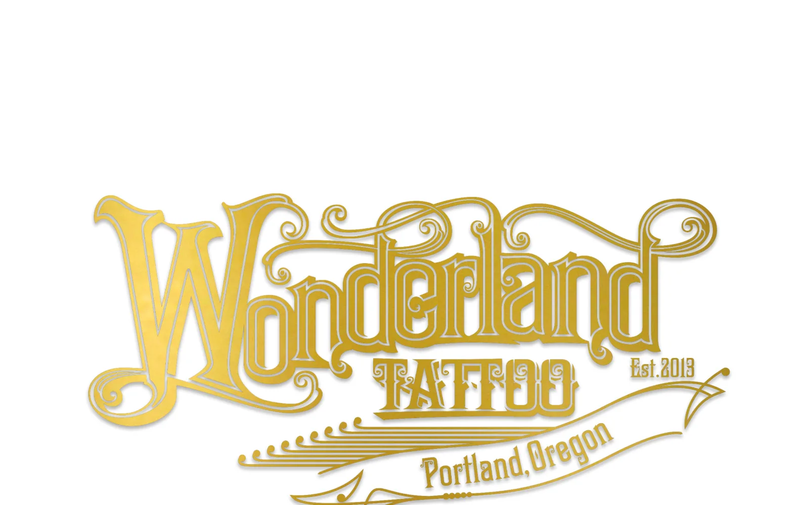 wonderlandpdx.com, tattoo website design: the entire first screen is one gold engraved wordmark on white