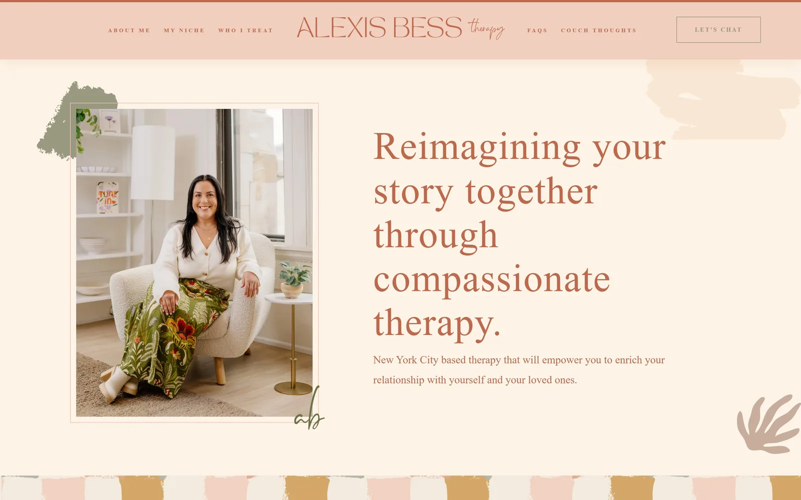 alexisbesstherapy.com, therapist website design: terracotta display serif on cream, a framed portrait in a boucle chair