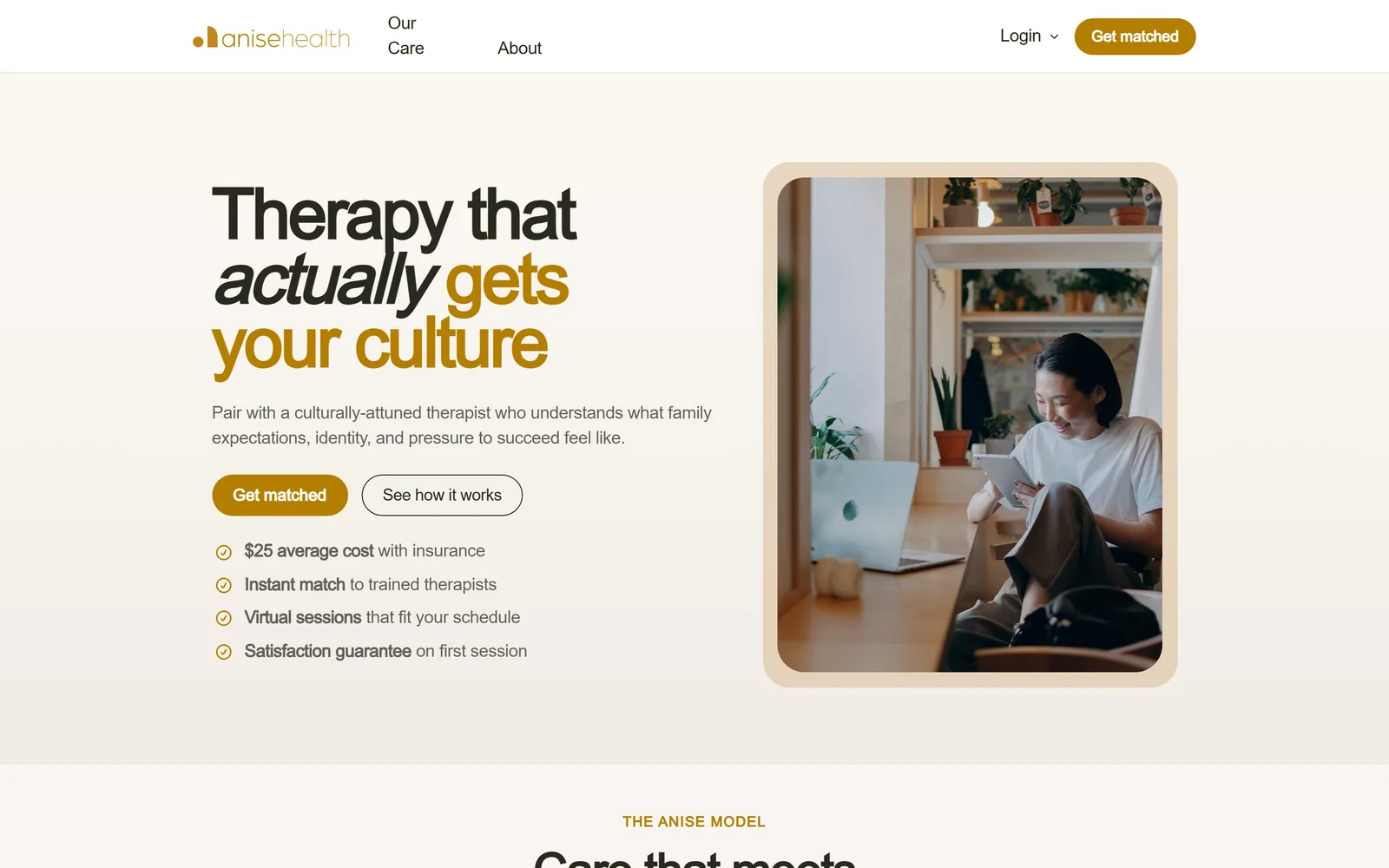 anisehealth.co, therapist website design: heavy Poppins in black and ochre, actually set in italic