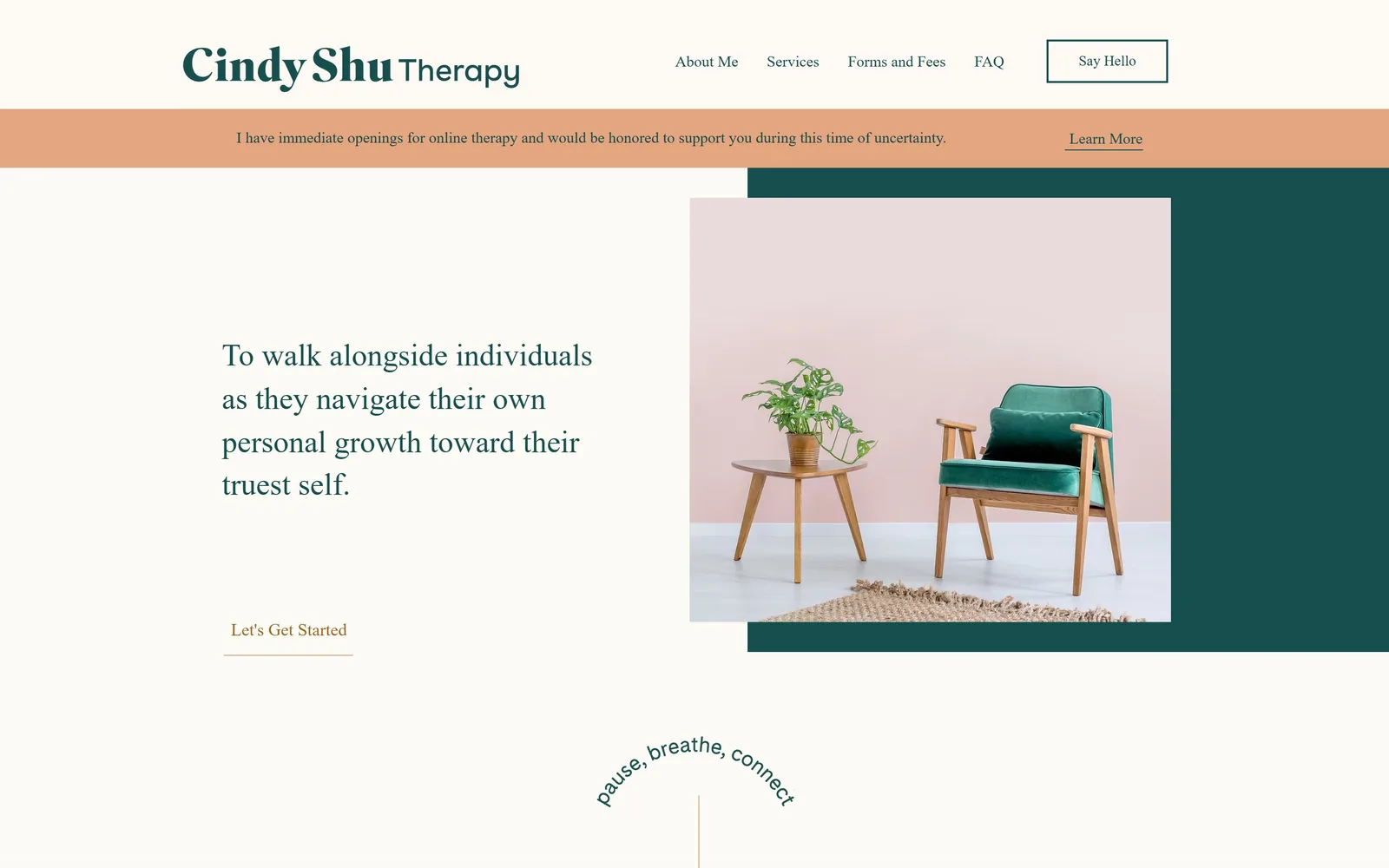 cindyshutherapy.com, therapist website design: a green velvet chair on a pink wall, offset over a dark teal block