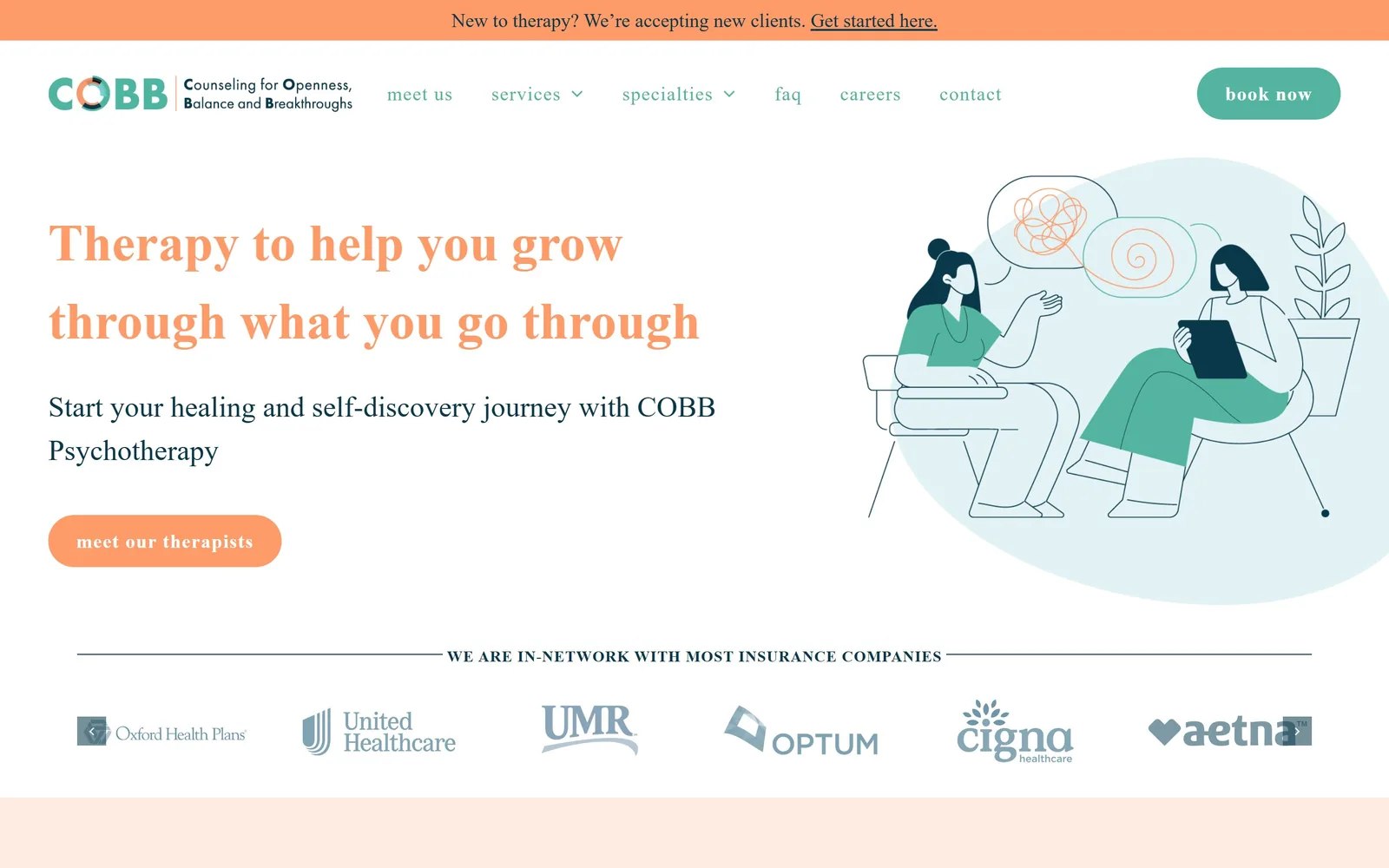 cobbpsychotherapy.com, therapist website design: a coral serif headline next to a two tone line drawing of two women talking
