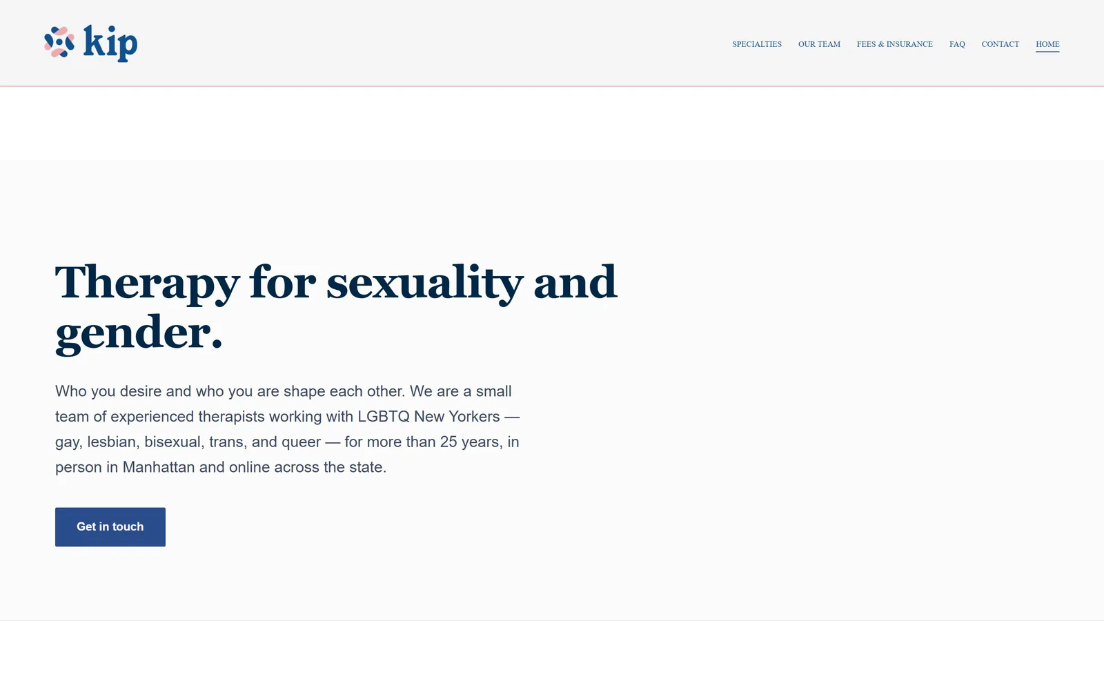 kiptherapy.com, therapist website design: no photograph at all: a navy Source Serif headline on near-white