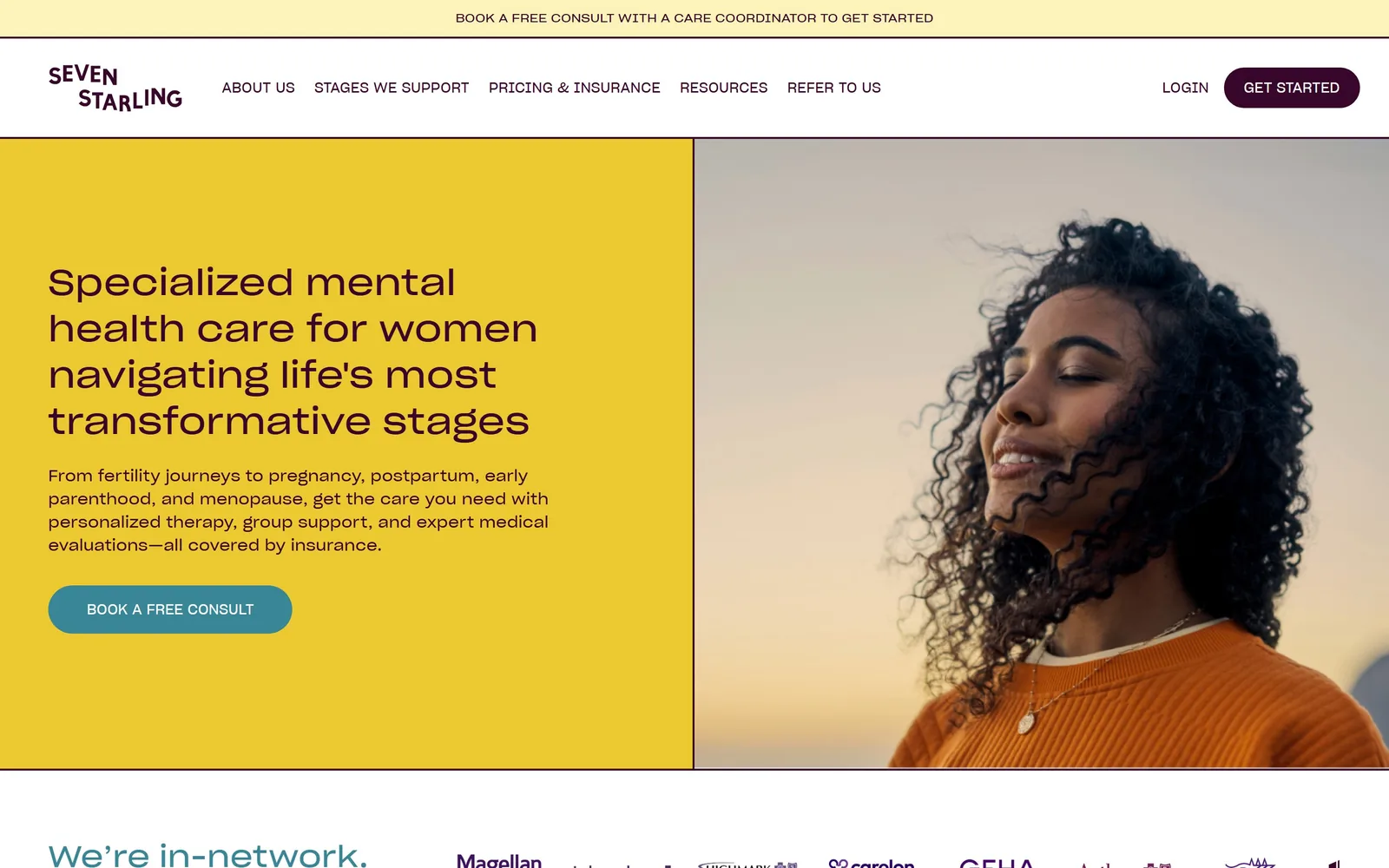 sevenstarling.com, therapist website design: a flat chrome yellow panel butted against a portrait at sunset
