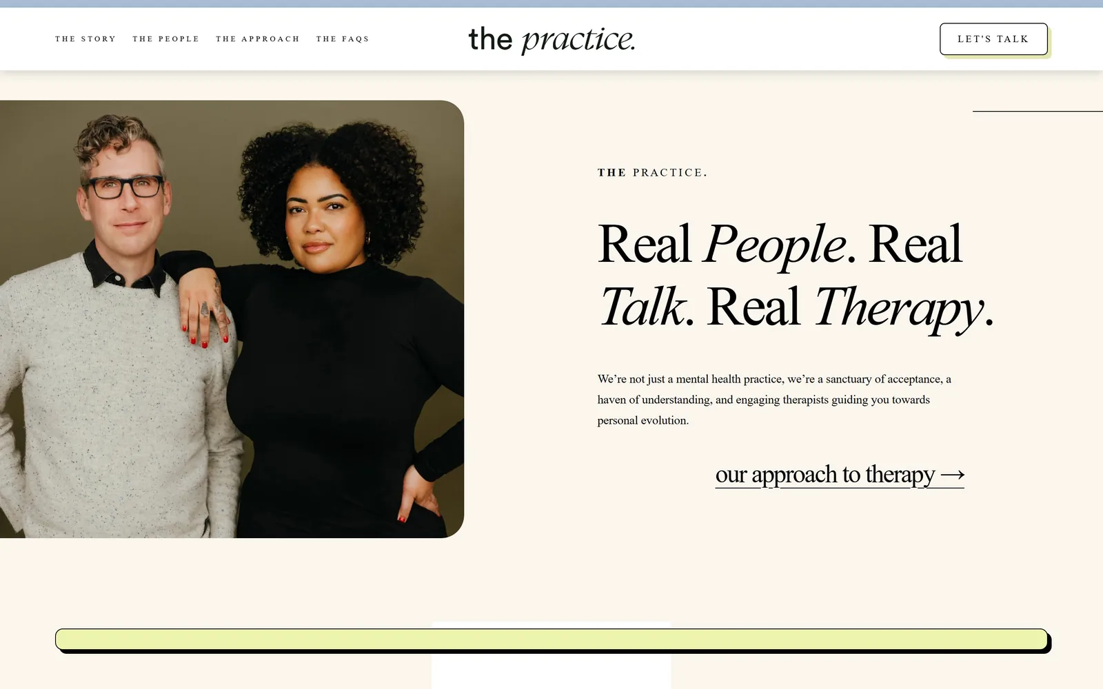 thepracticetherapy.com, therapist website design: two therapists photographed against olive