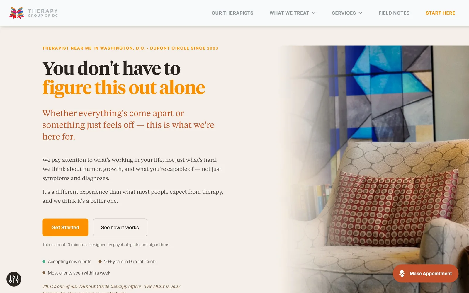 therapygroupdc.com, therapist website design: a Tiempos headline where the second line turns orange