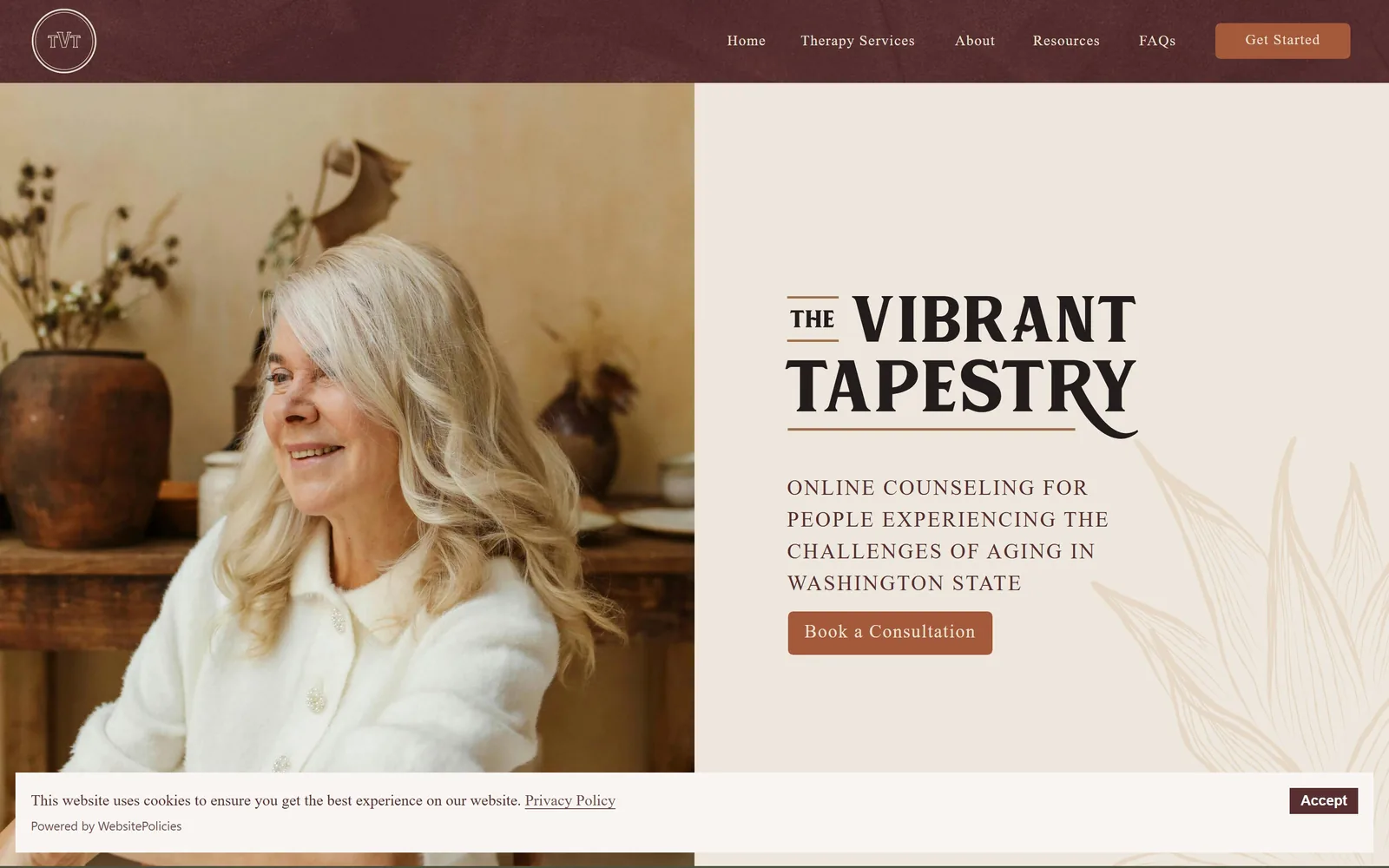 thevibranttapestry.com, therapist website design: an olive nav band over a split of portrait and oat panel