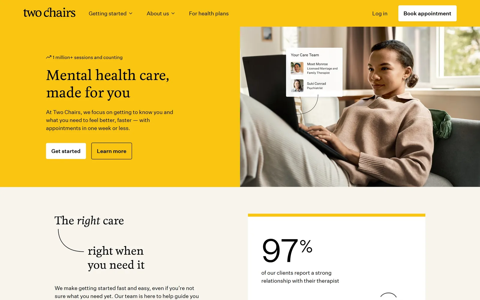 twochairs.com, therapist website design: a yellow half-panel with a soft serif headline
