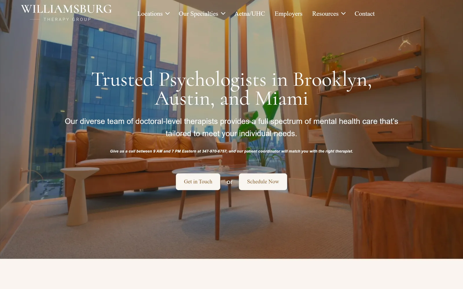 williamsburgtherapygroup.com, therapist website design: a looping video of a corner office at golden hour