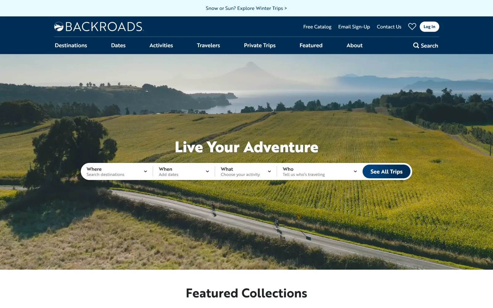 backroads.com, travel agency website design: an aerial of cyclists on a road through yellow farmland above a lake