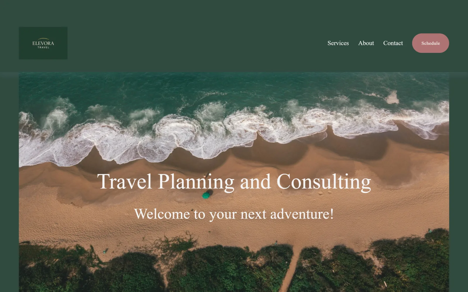 elevoratravel.com, travel agency website design: a drone shot of surf breaking onto empty sand