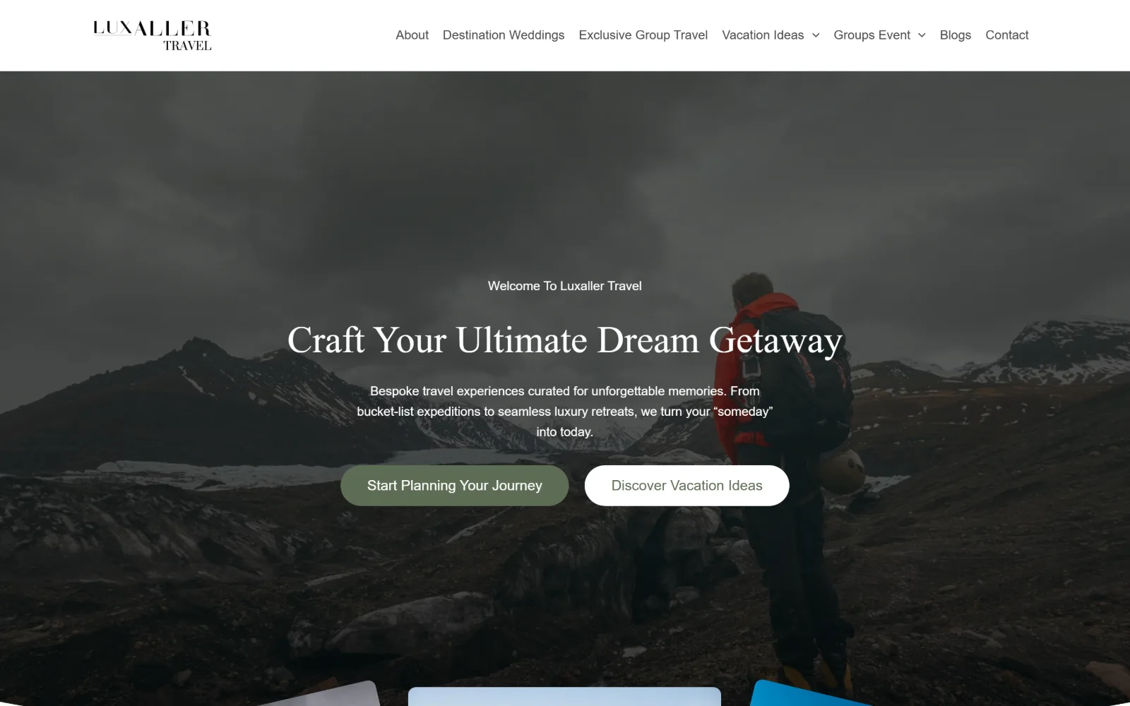 luxaller.com, travel agency website design: a hiker in a red jacket looks out over a dark glacial valley under heavy cloud