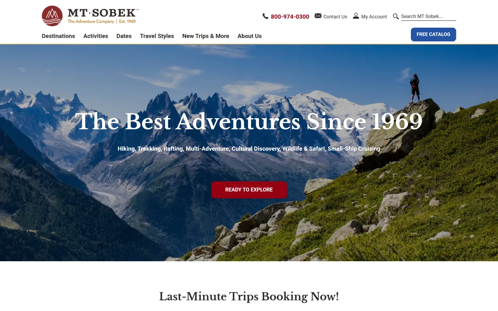 mtsobek.com, travel agency website design: snow peaks above Chamonix fill the hero with a lone hiker on a green ridge at the right