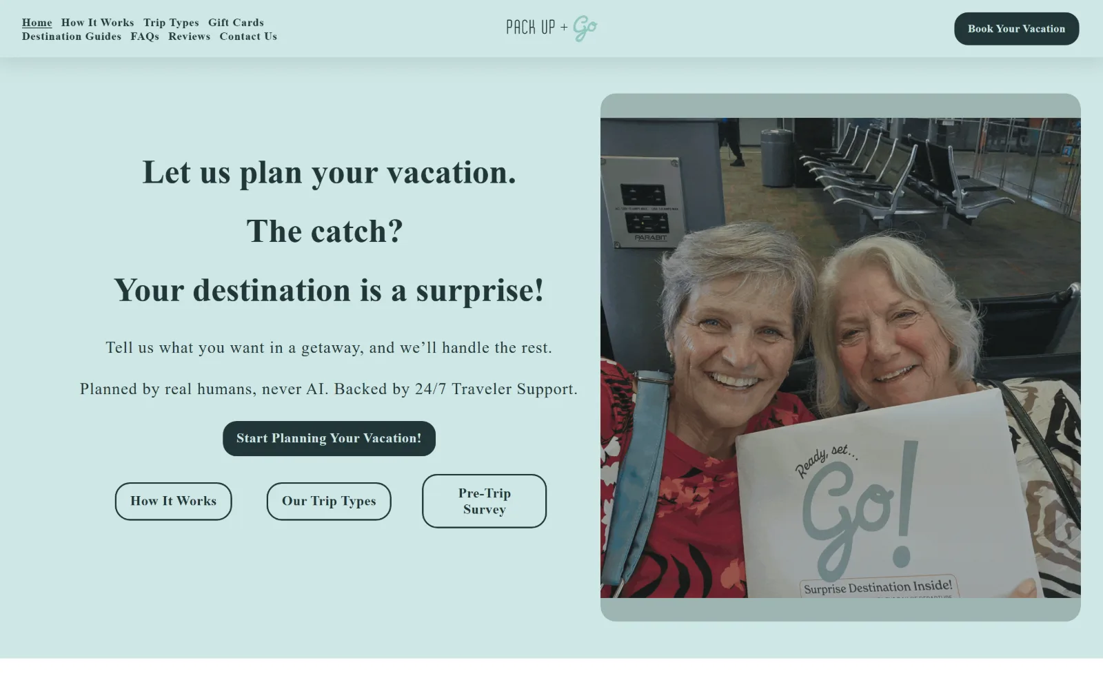 packupgo.com, travel agency website design: a pale mint page with a stacked serif headline on the left and a photo of two smiling older