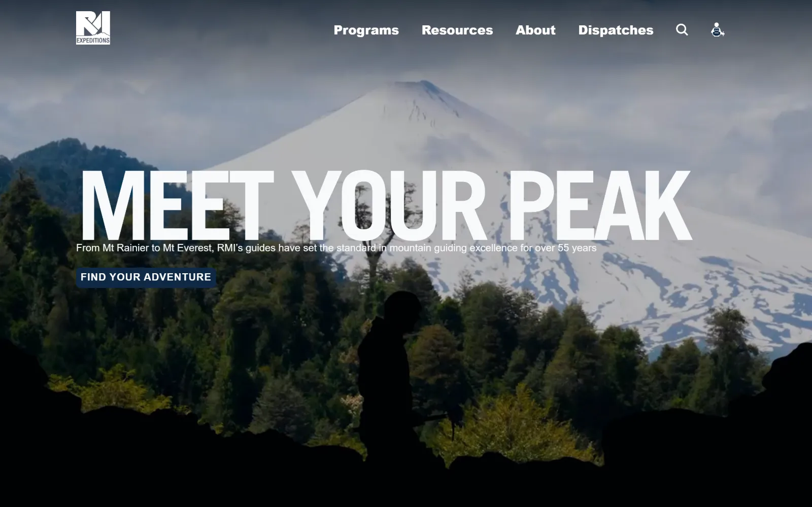 rmiguides.com, travel agency website design: a snow-capped volcano behind forest, half in shadow