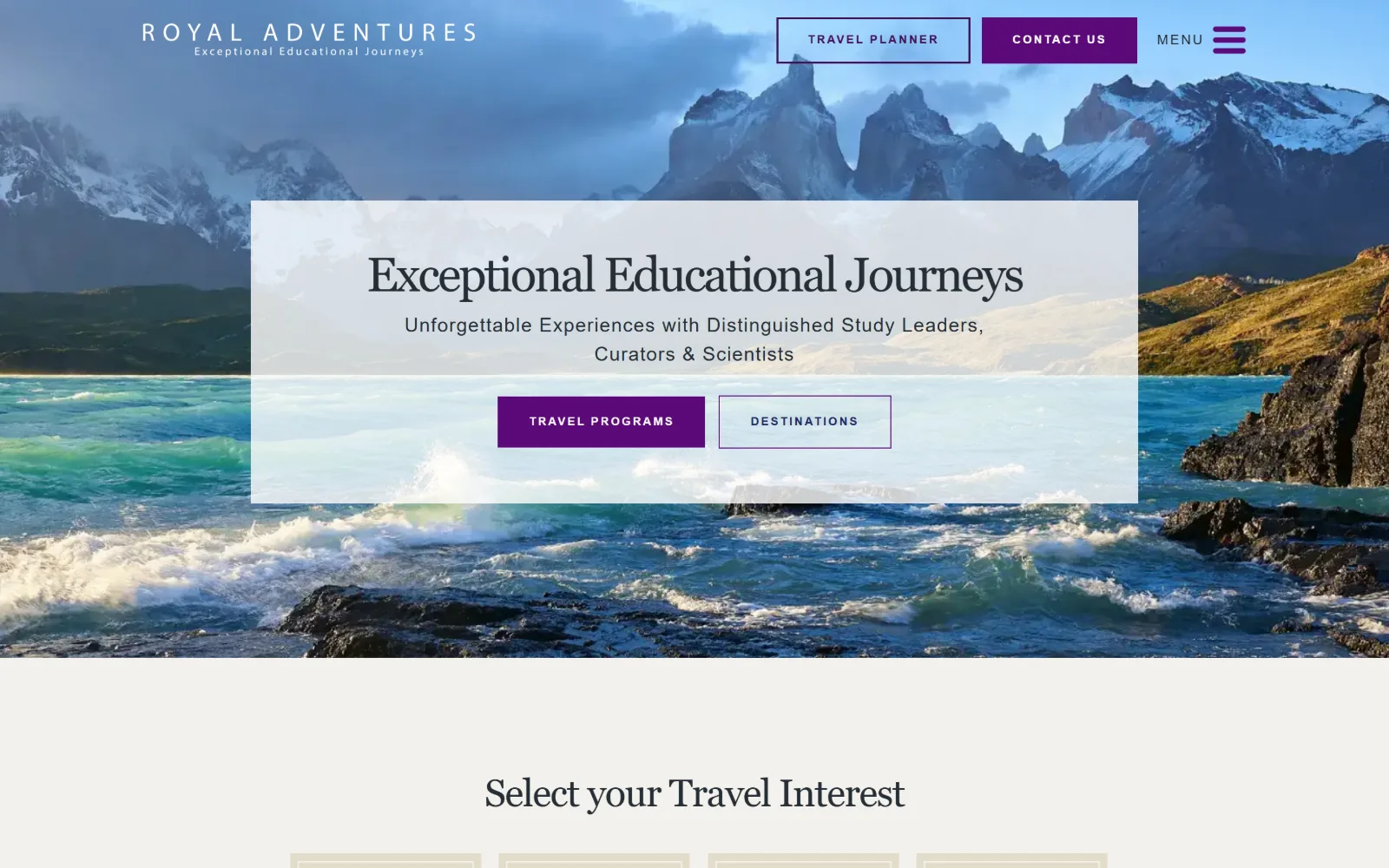 royaladventures.com, travel agency website design: patagonian peaks above turquoise surf