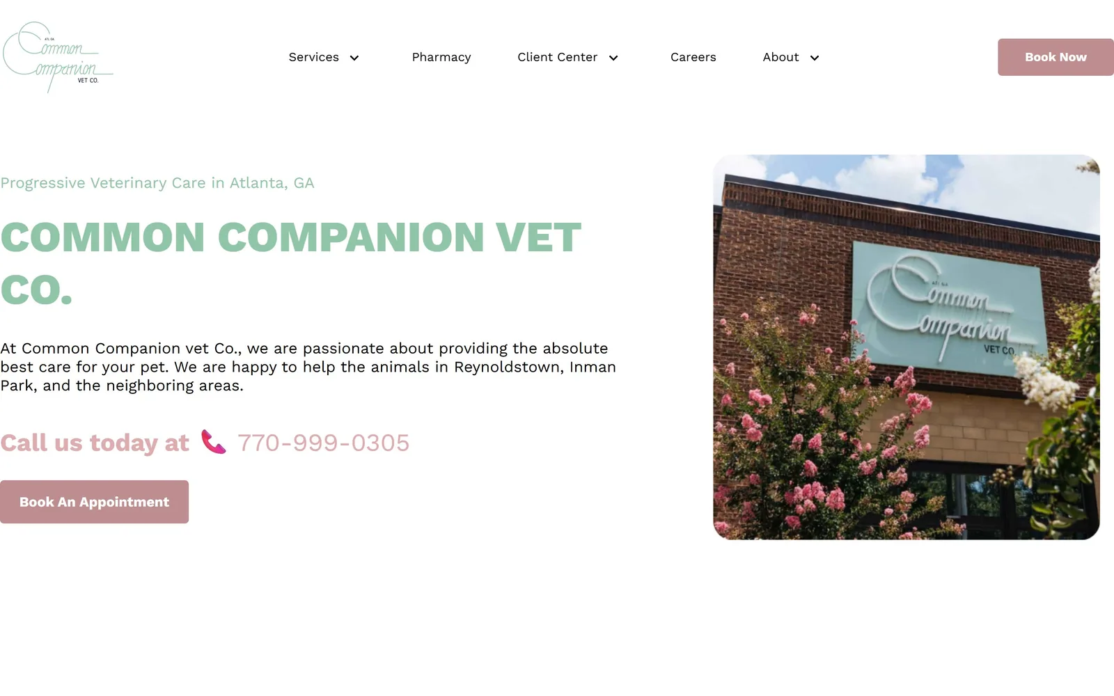 ccvetco.com, veterinary website design: a sage script logo and a pale green all-caps headline beside a photo of crepe myrtles against brick
