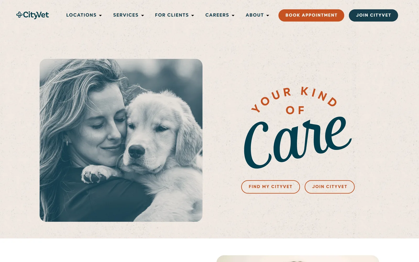 cityvet.com, veterinary website design: a teal duotone photo of a woman holding a puppy, beside a hand-script Care lockup on bone paper