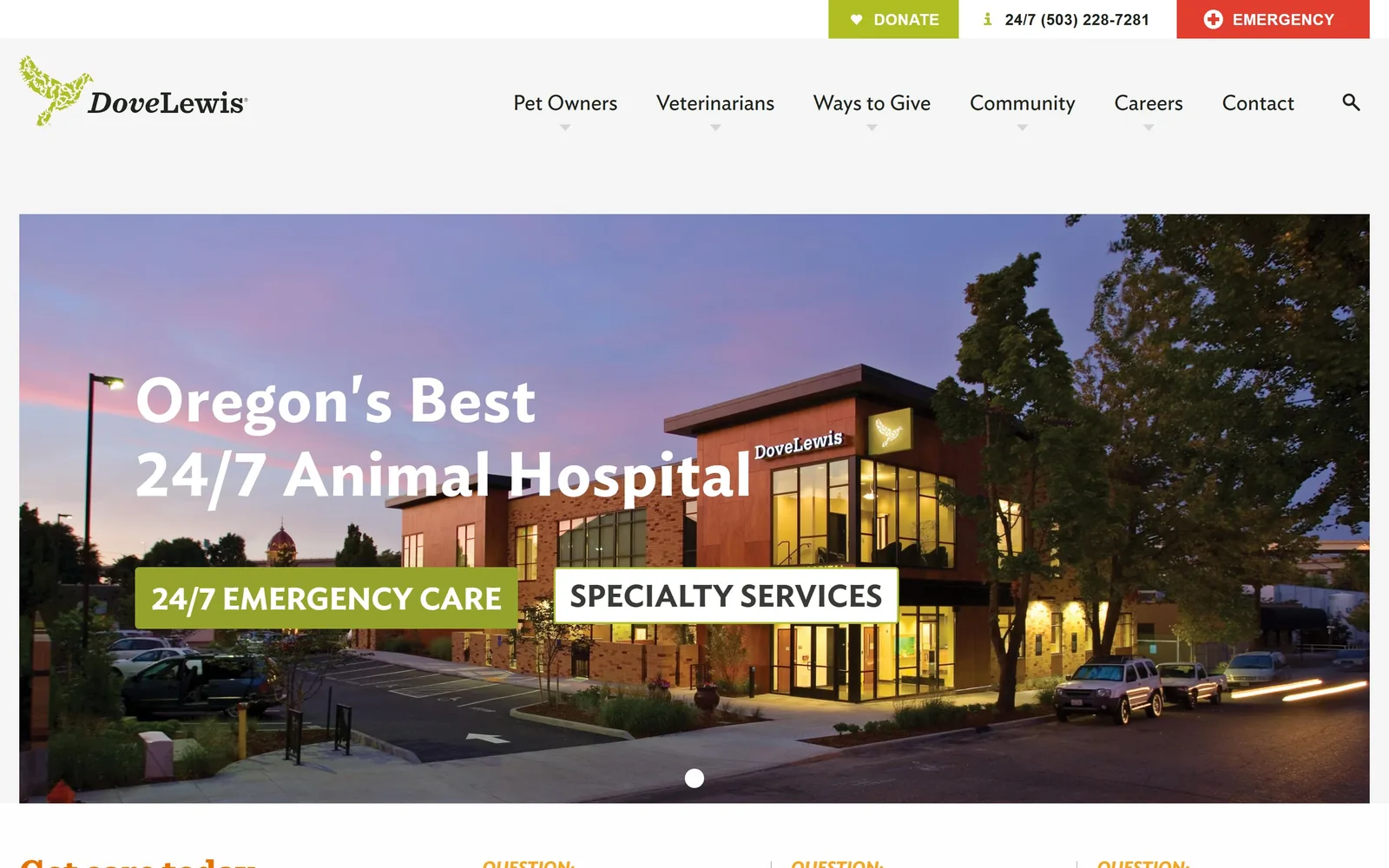 dovelewis.org, veterinary website design: a brick animal hospital photographed at dusk under a pink and violet sky