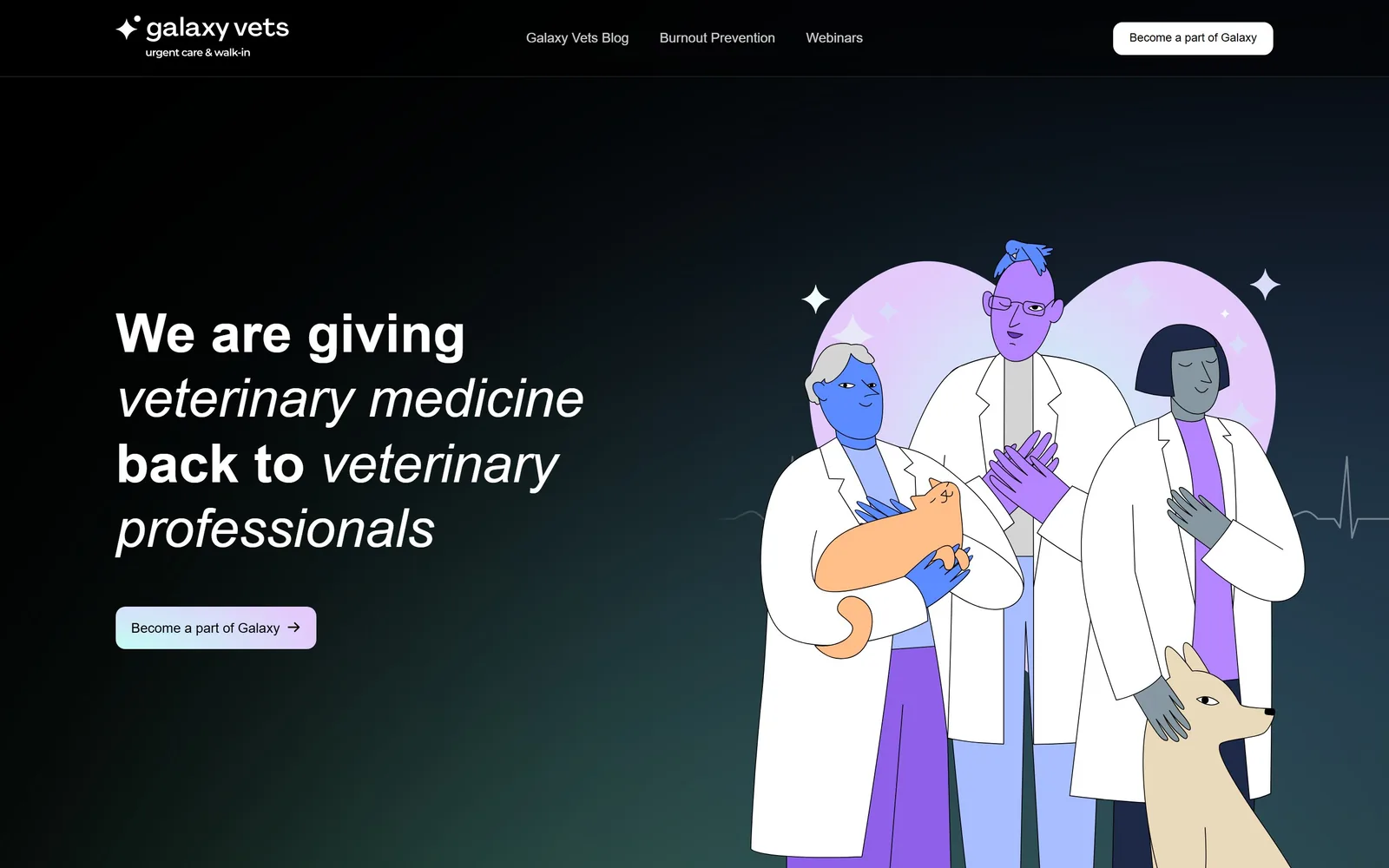 galaxyvets.com, veterinary website design: three flat-illustrated vets in white coats, purple and blue skinned
