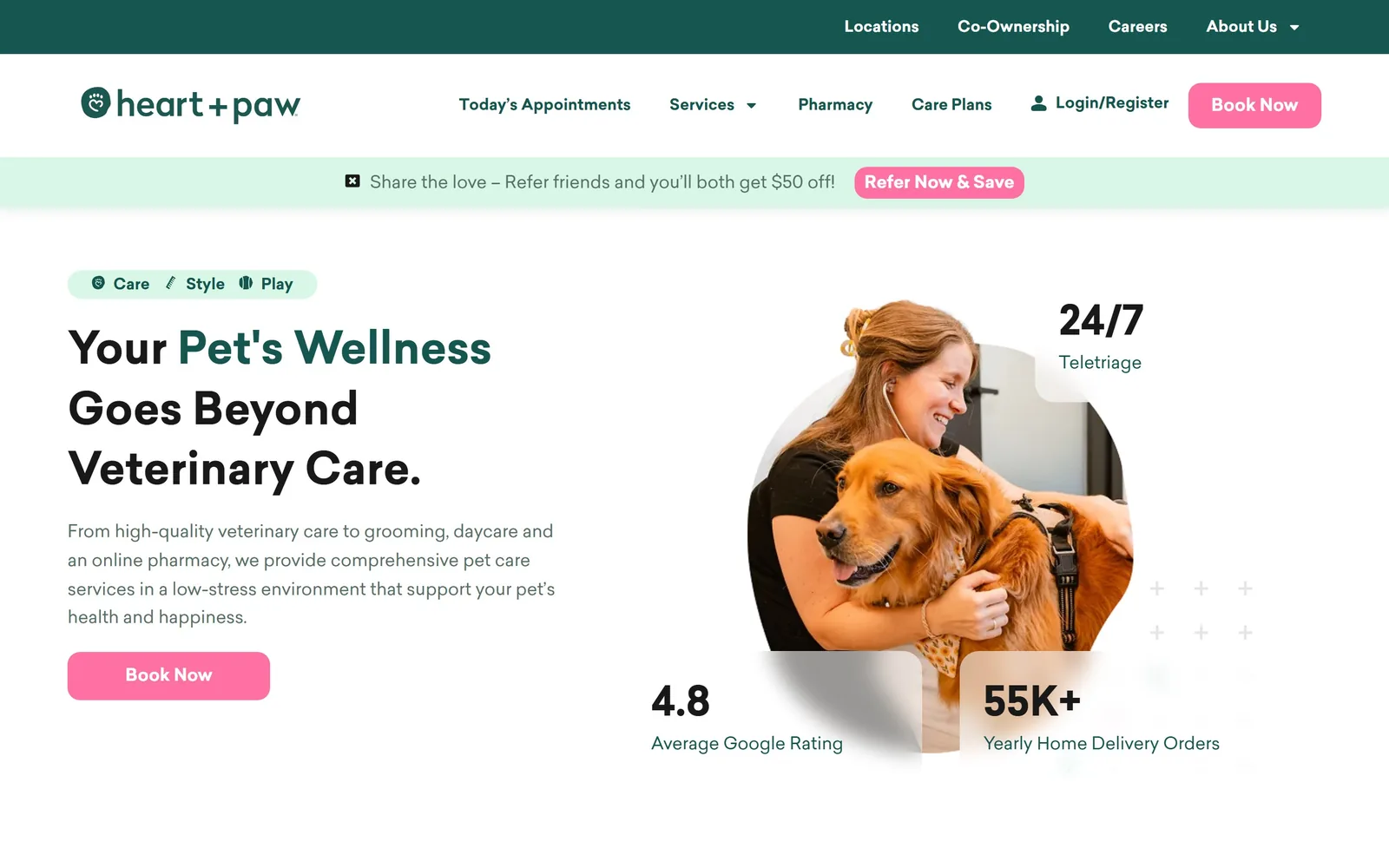 heartandpaw.com, veterinary website design: a woman hugs a golden retriever inside a circular crop, ringed by floating 24/7