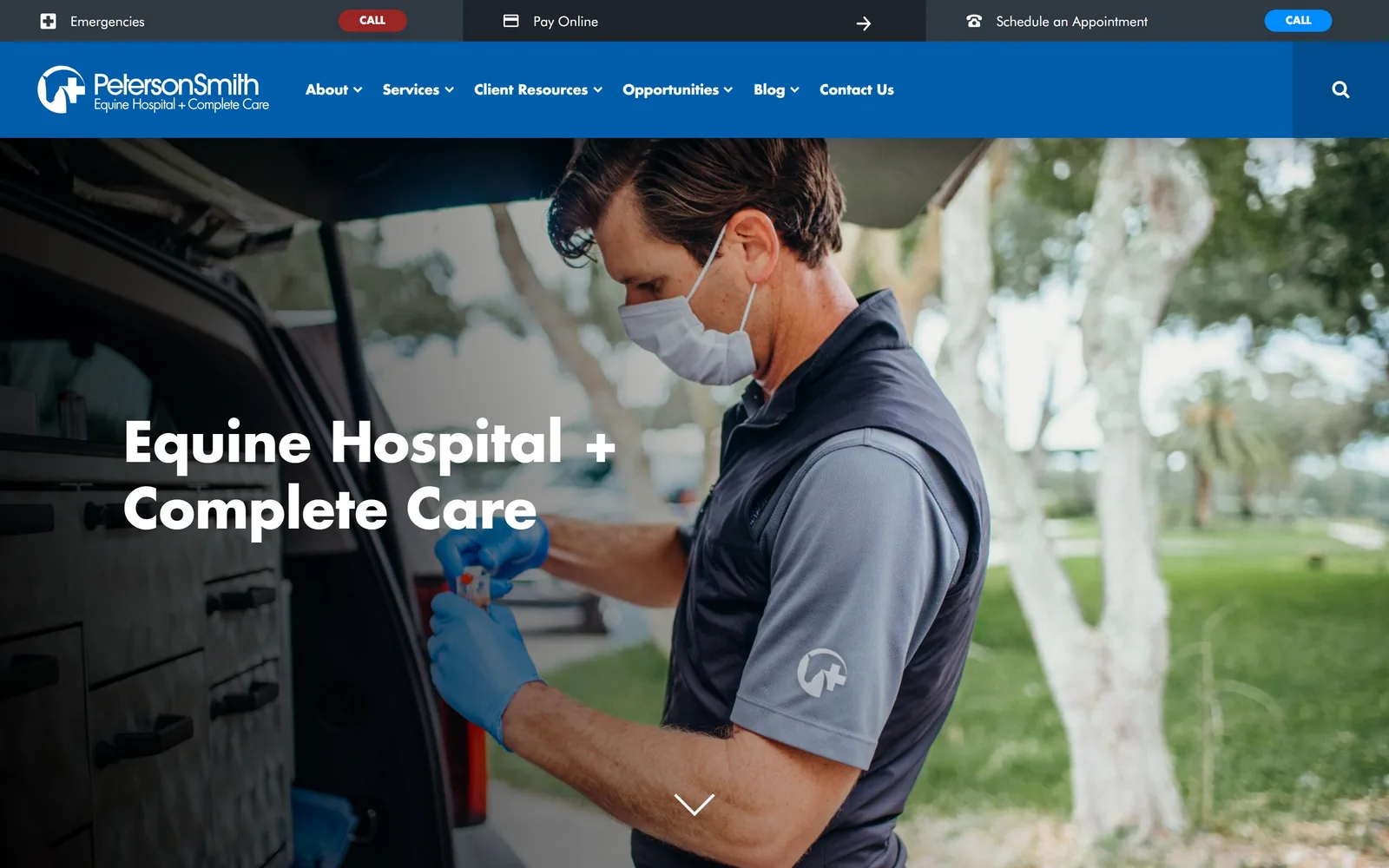 petersonsmith.com, veterinary website design: a masked vet in a grey polo loads blood tubes at the back of a truck under Florida oaks