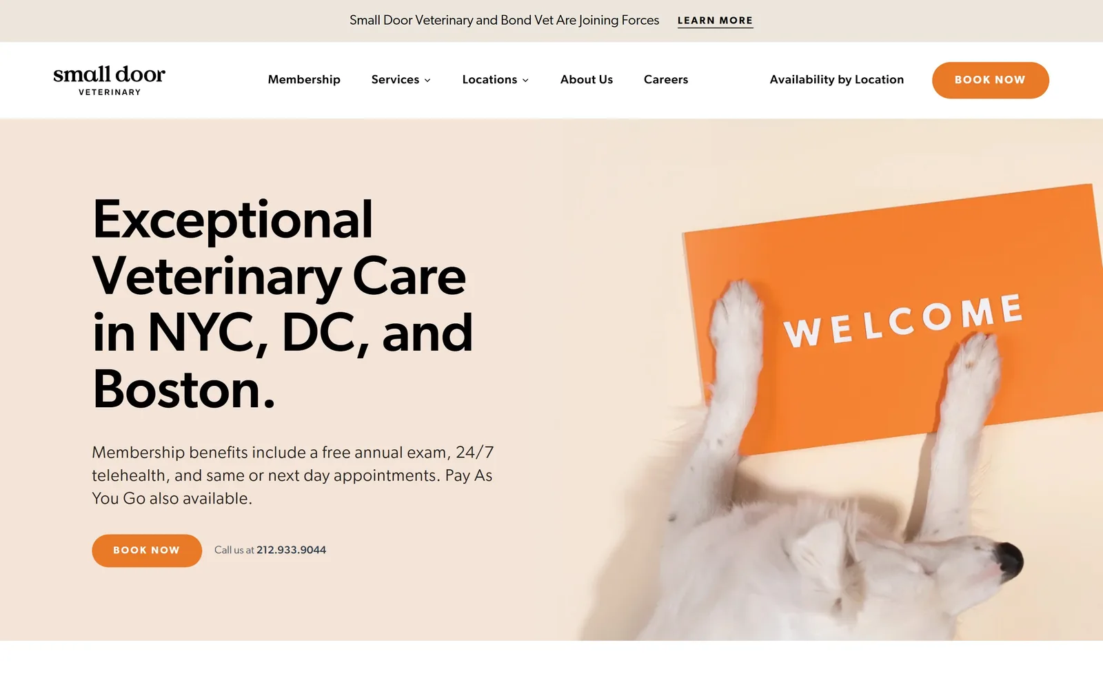 smalldoorvet.com, veterinary website design: a dog lies upside down holding an orange WELCOME sign, beside a 72px black headline on peach