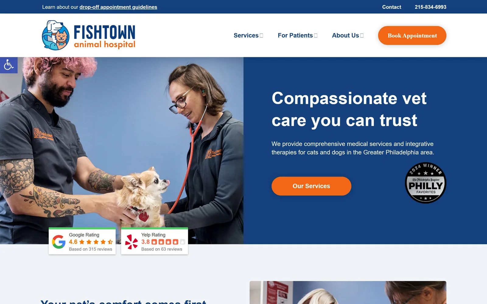 thefishtownanimalhospital.com, veterinary website design: a tattooed tech and a vet with a stethoscope hold a tiny chihuahua