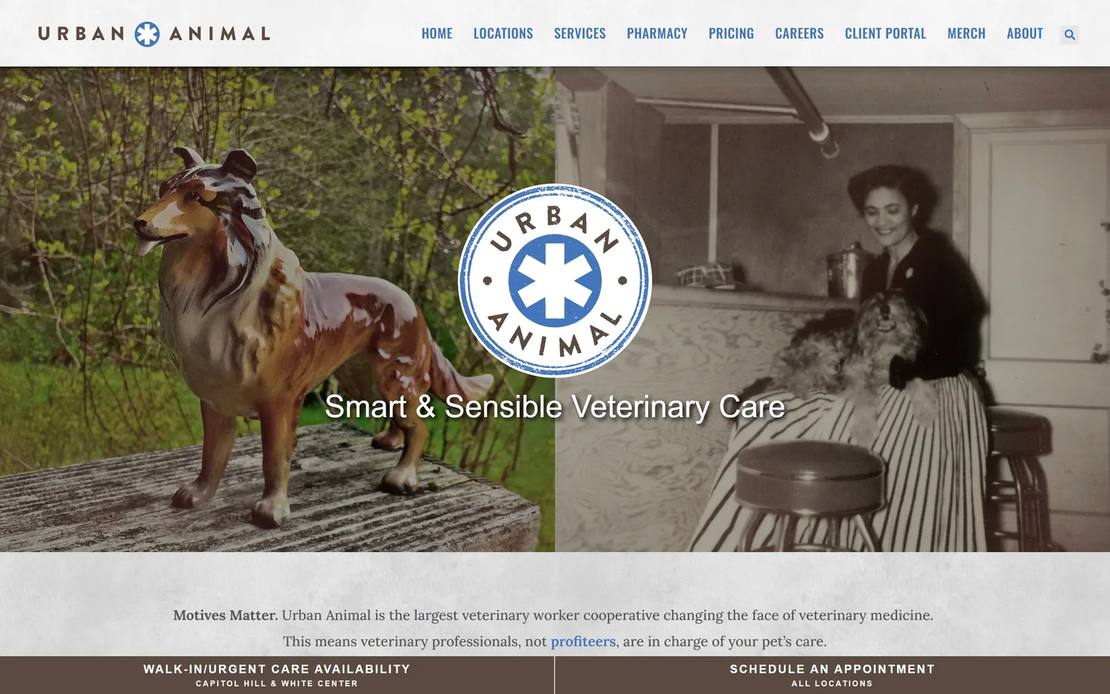 urbananimalnw.com, veterinary website design: a diptych pairing a ceramic collie figurine on a porch with a sepia snapshot of a woman