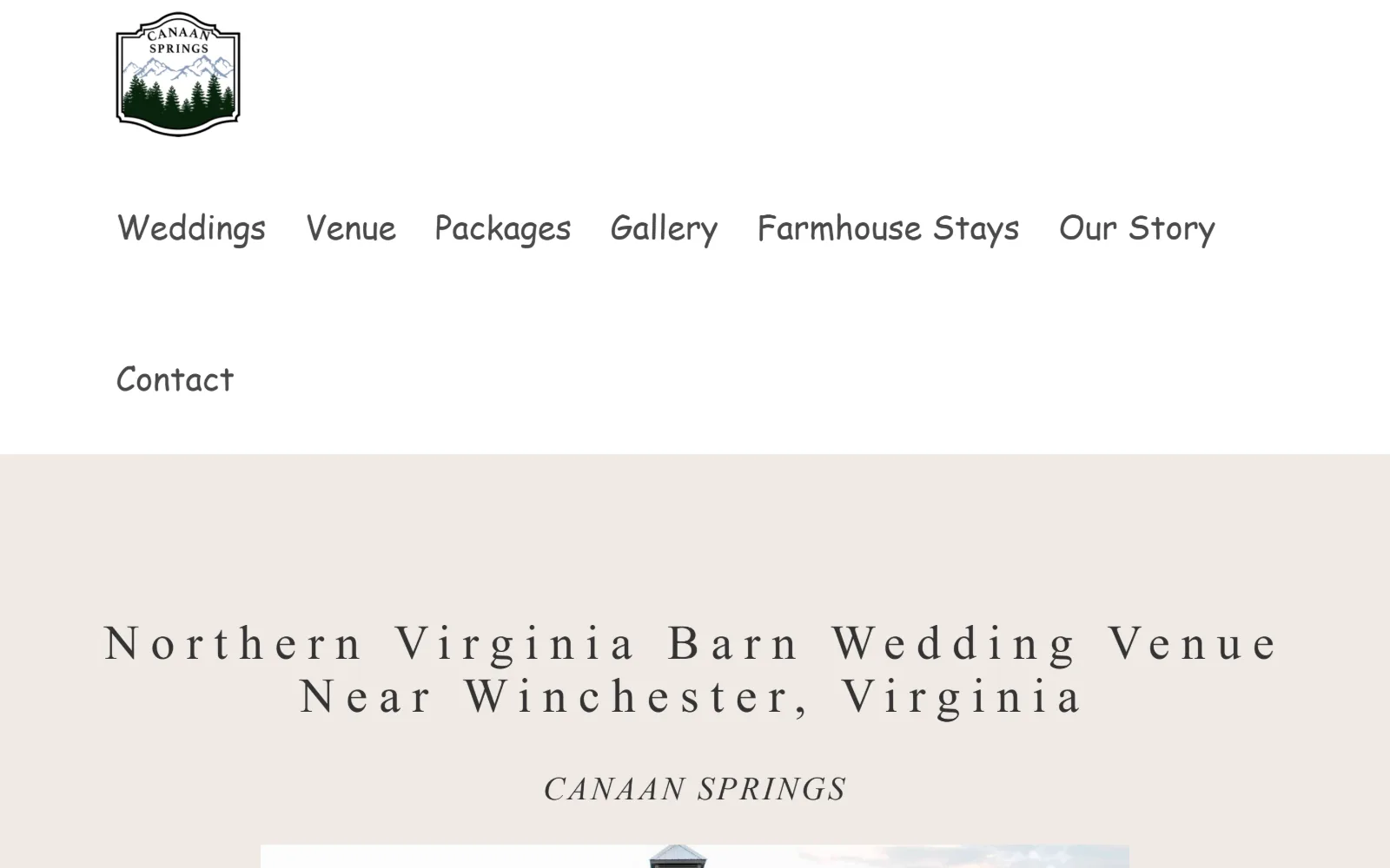 canaansprings.com, wedding venue website design: a white screen holds a small crest logo and two rows of rounded nav words