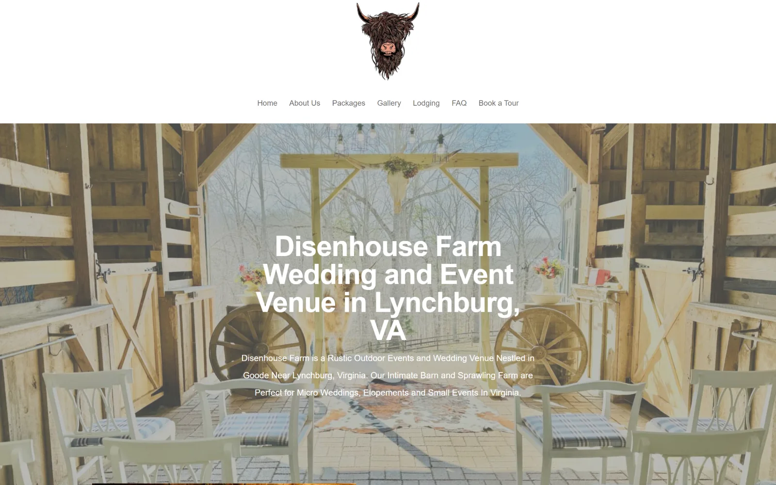 disenhousefarm.com, wedding venue website design: a highland cow logo tops a thin white header above a barn interior framing a timber arch
