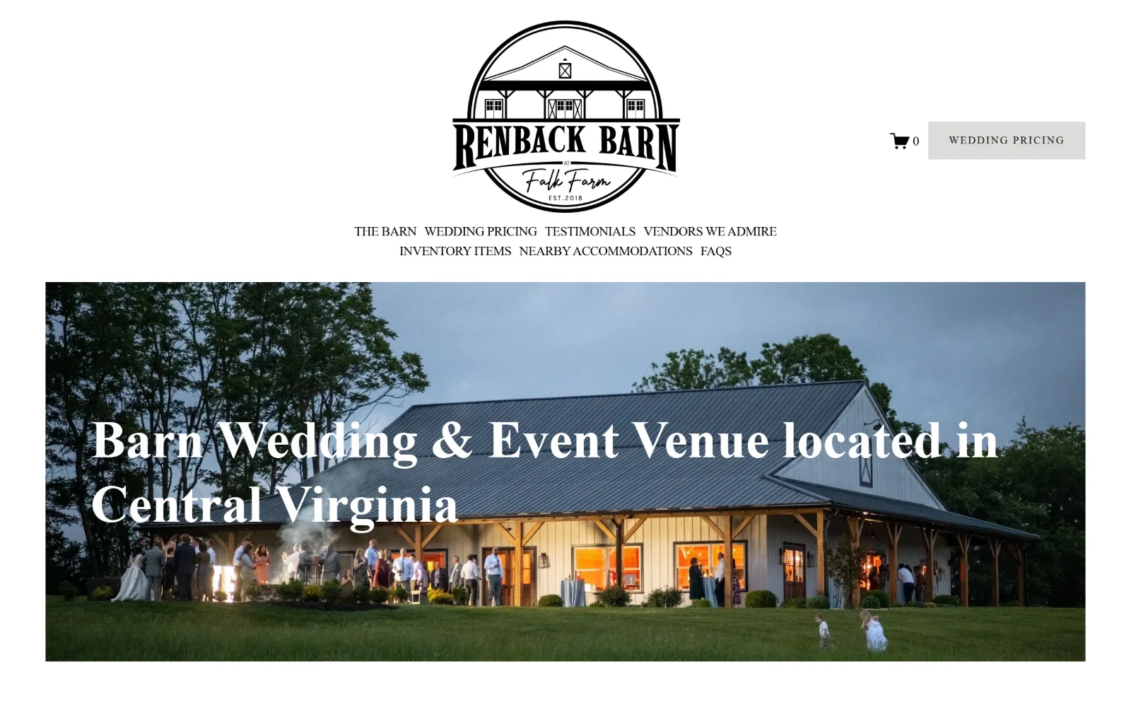 renbackbarn.com, wedding venue website design: a lit timber barn at blue hour with guests on the lawn