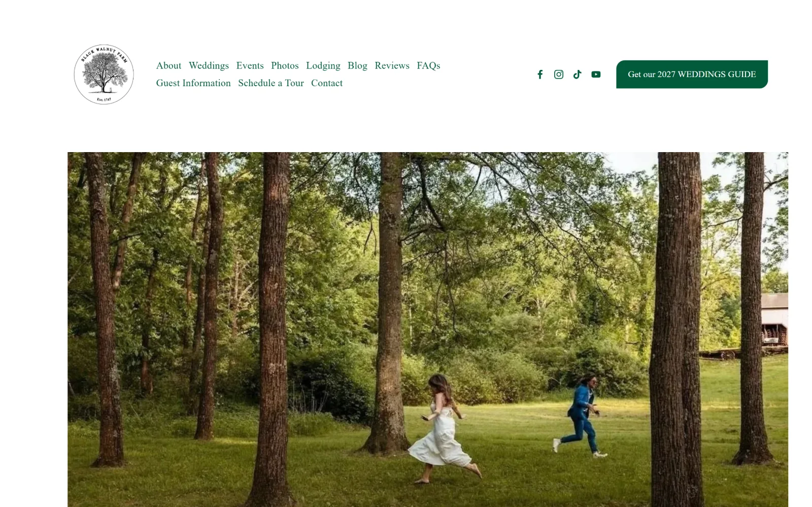 thebarnatblackwalnutfarm.com, wedding venue website design: two figures run across mown grass between tall pine trunks