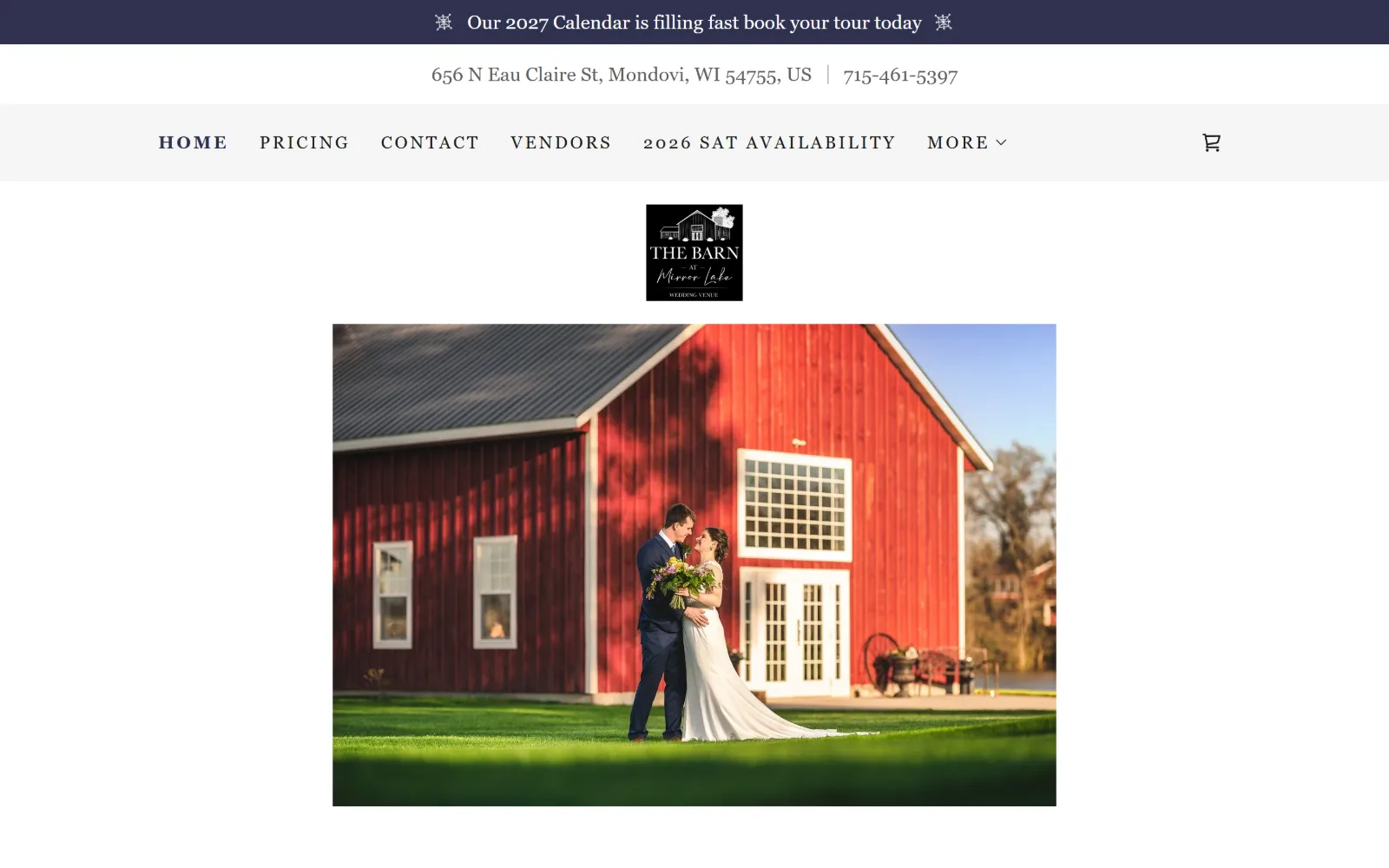 thebarnatmirrorlake.com, wedding venue website design: a red barn at golden hour with a couple on the lawn sits in a contained photo below