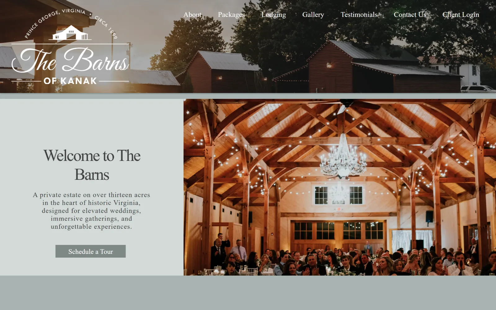 thebarnsofkanak.com, wedding venue website design: a sage panel carrying Welcome to The Barns and a tour button sits left of a photograph