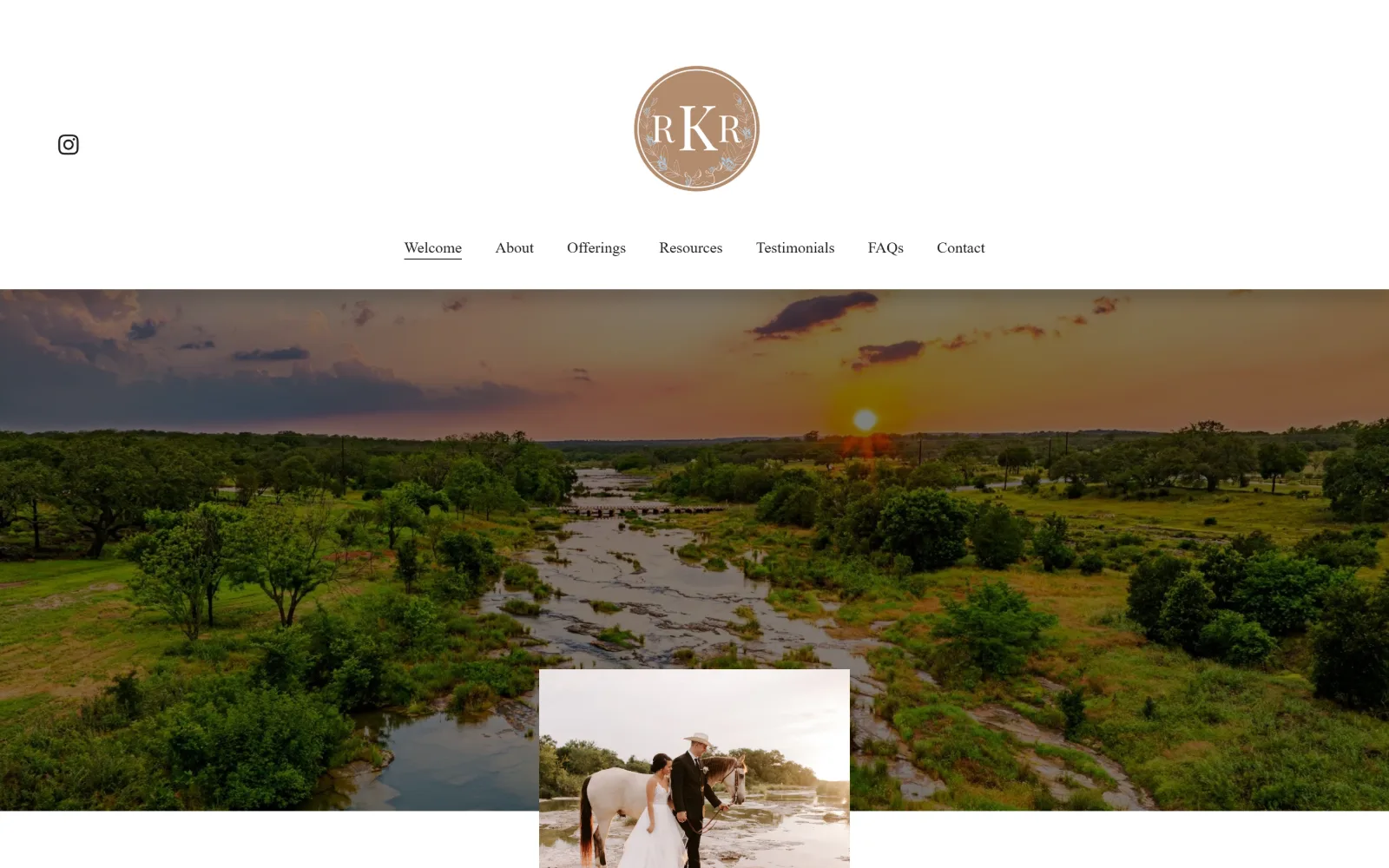 thekingriverranch.com, wedding venue website design: an aerial of a shallow river winding through hill country at sunset