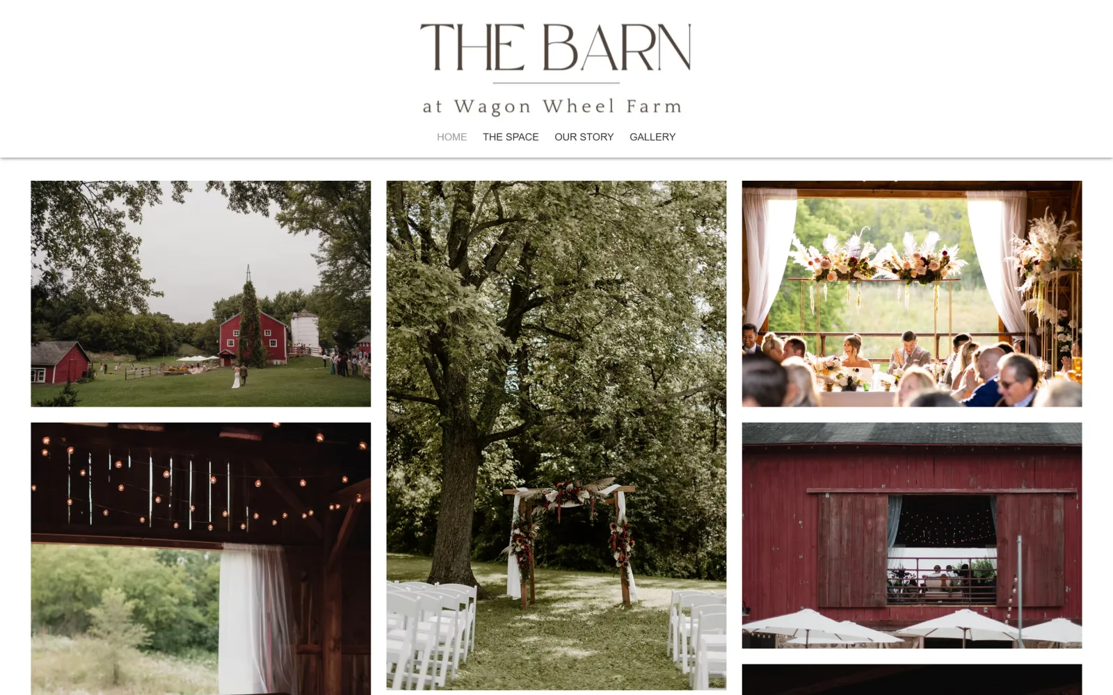 wagonwheelbarn.com, wedding venue website design: a centred wordmark and four nav words sit above a five-image mosaic of a red barn