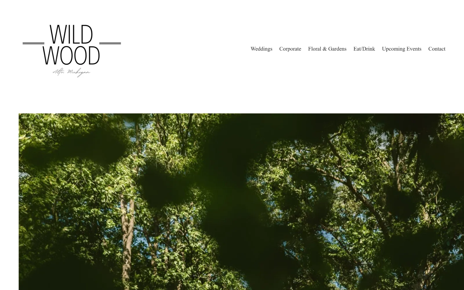 wildwoodfamilyfarms.com, wedding venue website design: a thin wordmark with rules either side sits on white above a wide photograph