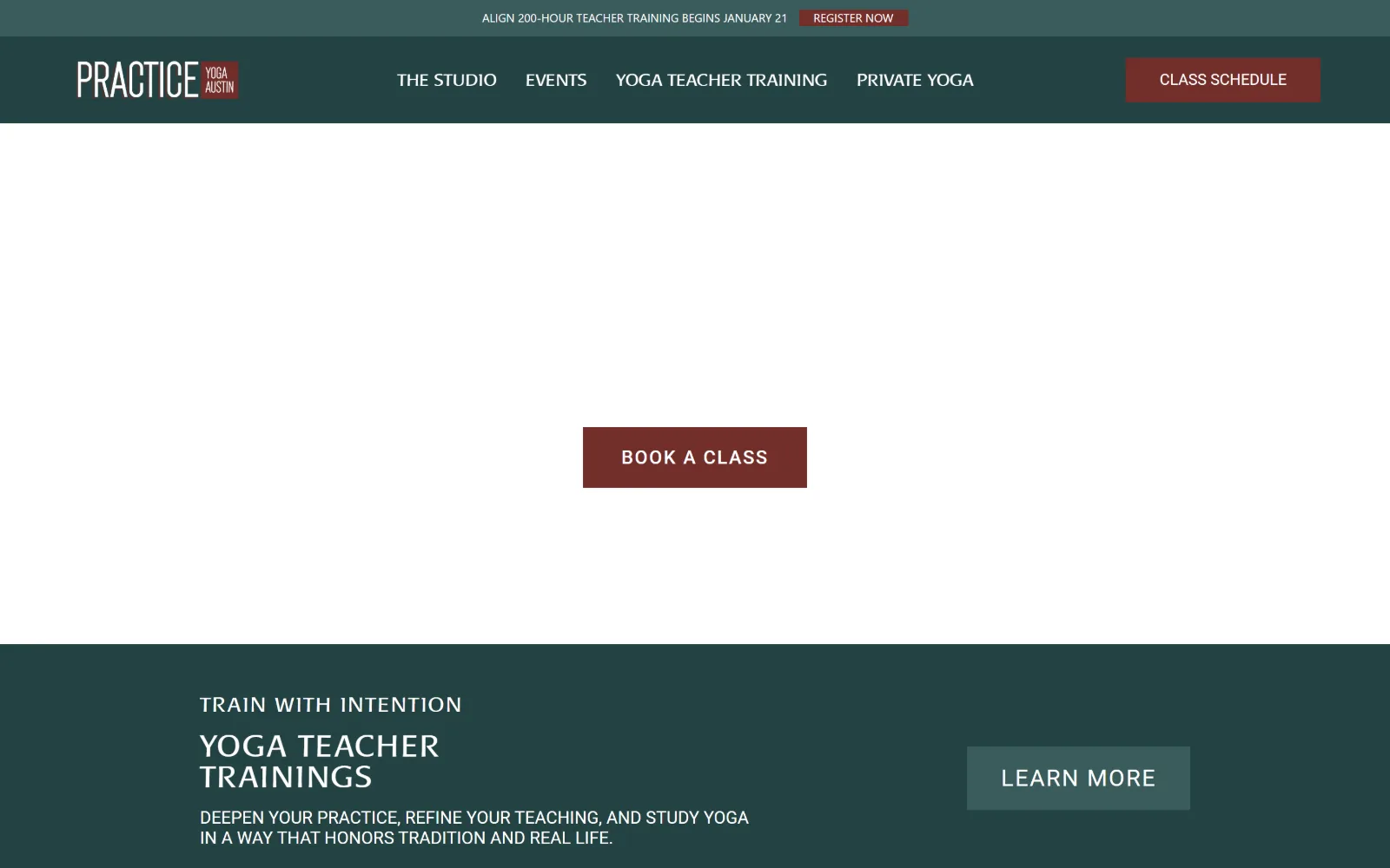 practiceyogaaustin.com, yoga studio website design: a dark green header and a maroon BOOK A CLASS button sit above an open white hero